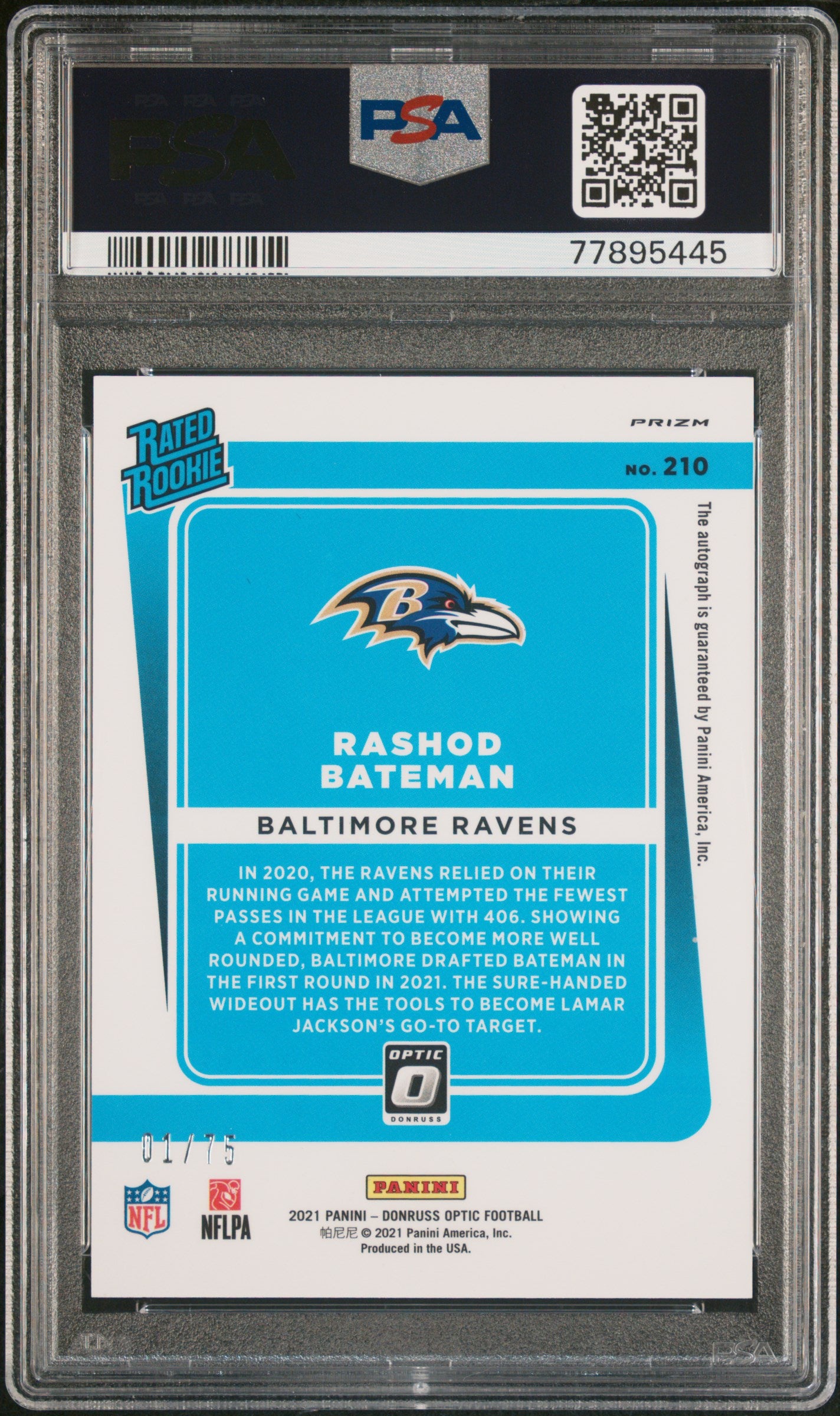 2021 Panini Donruss Optic #210 Rashod Bateman 01/75 RC Autograph Red PSA 9