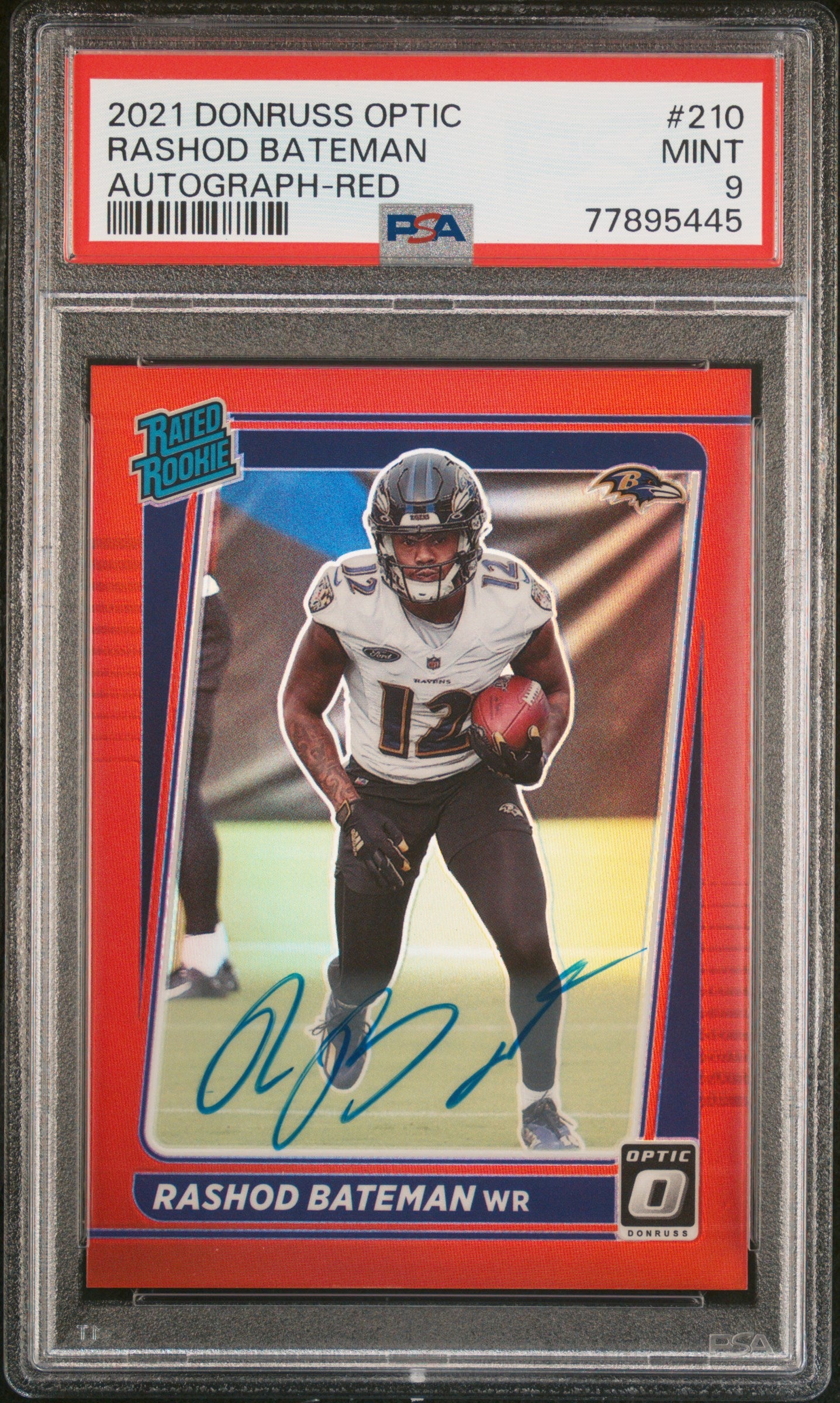 2021 Panini Donruss Optic #210 Rashod Bateman 01/75 RC Autograph Red PSA 9
