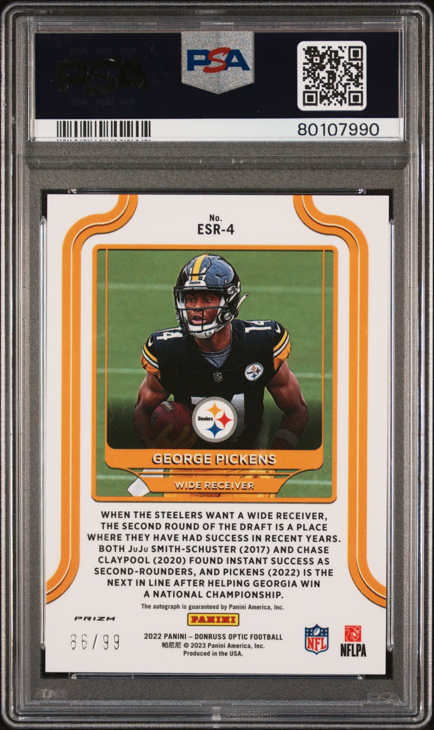 2022 Donruss Optic #ESR4 George Pickens /99 Elite Series RC Auto PSA 10