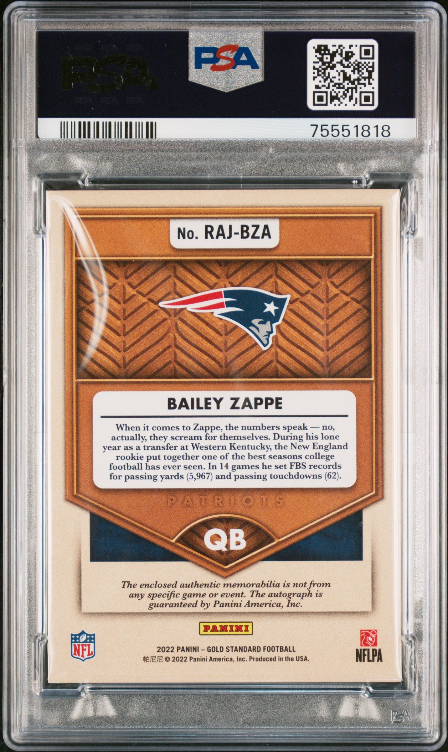 2022 Gold Standard RC Jersey Auto Jumbo Relic Bailey Zappe /49 Prime PSA 8