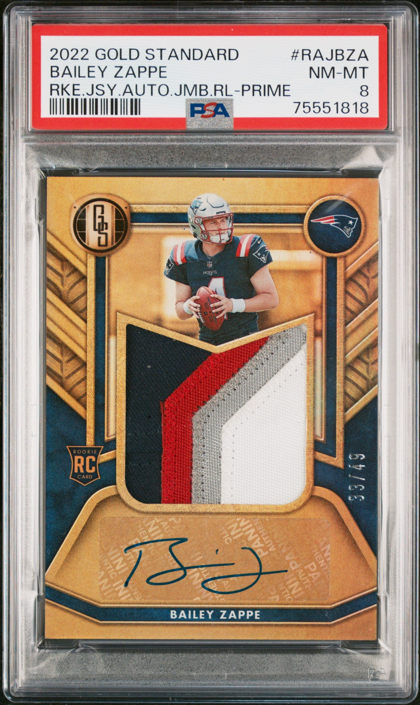 2022 Gold Standard RC Jersey Auto Jumbo Relic Bailey Zappe /49 Prime PSA 8