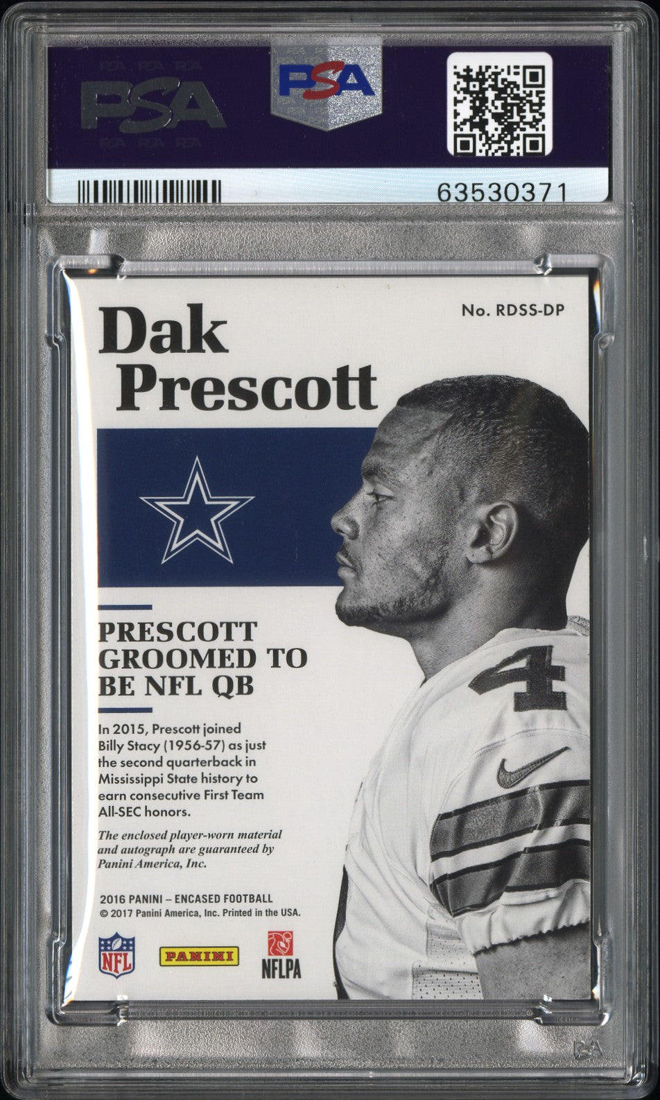 2016 Panini Encased #RDSS-DP Dak Prescott RC Dual Swatch Auto Silver PSA 9 #/10