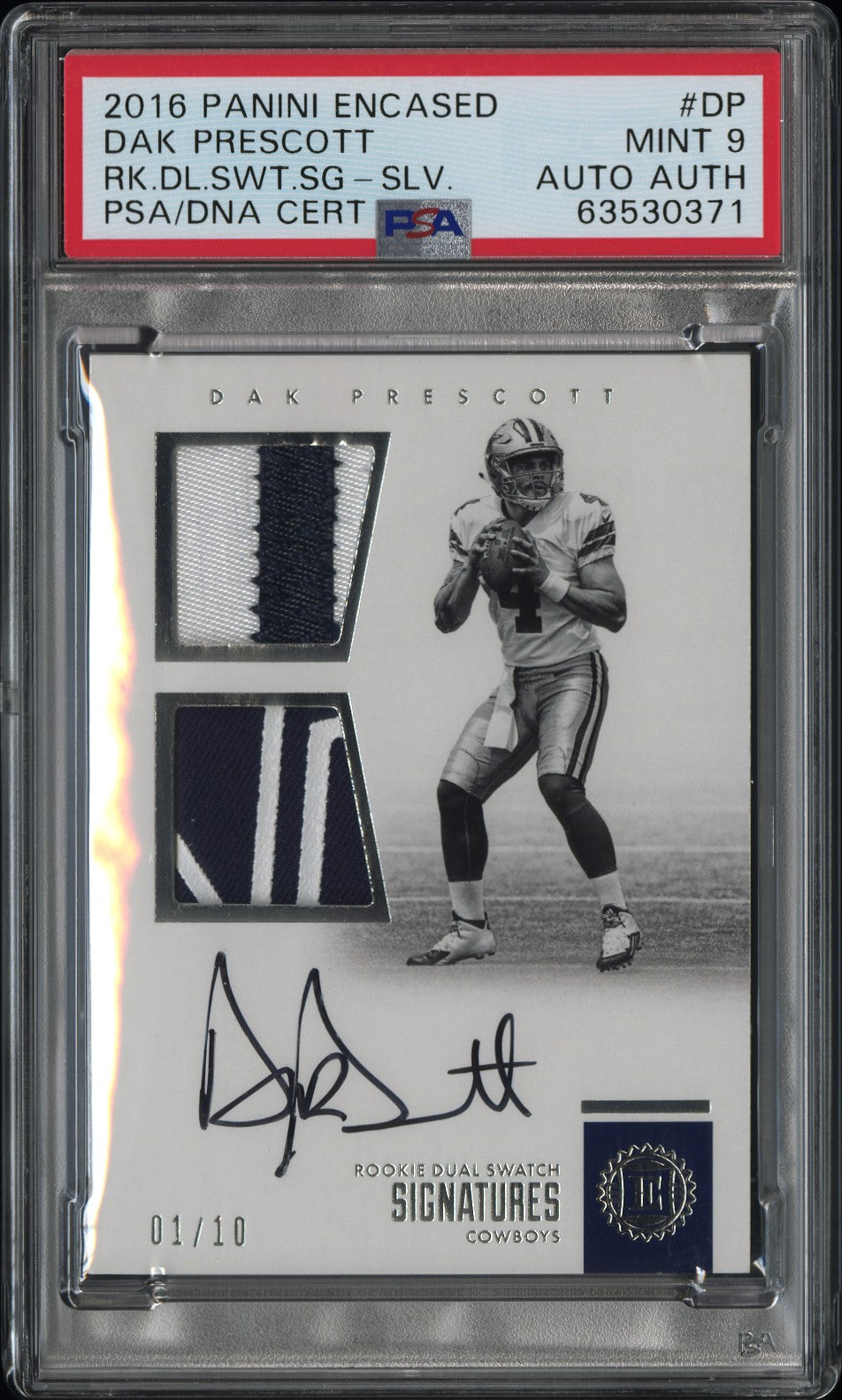 2016 Panini Encased #RDSS-DP Dak Prescott RC Dual Swatch Auto Silver PSA 9 #/10