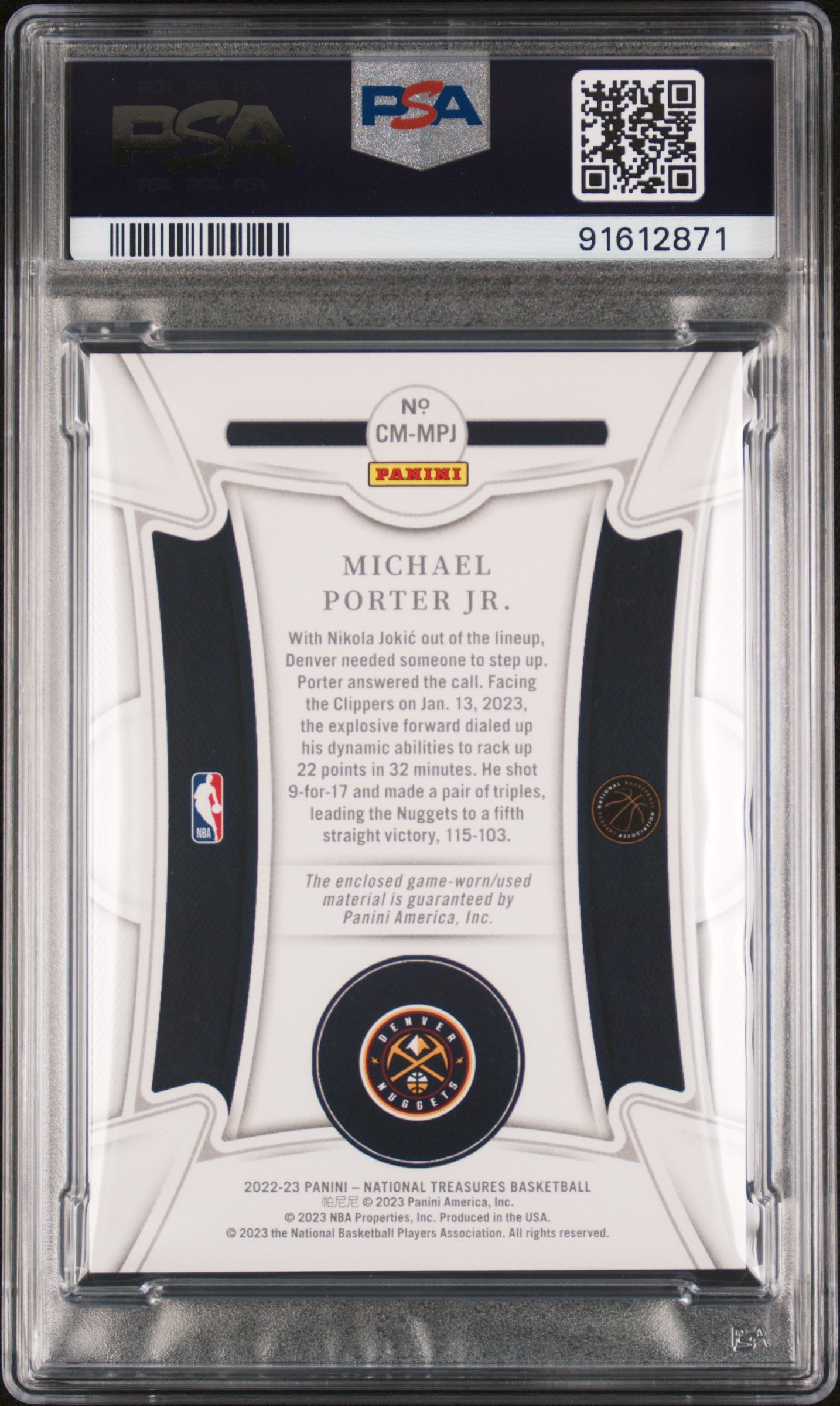 2022-23 National Treasures Michael Porter Jr. Century Materials /25 Prime PSA 10