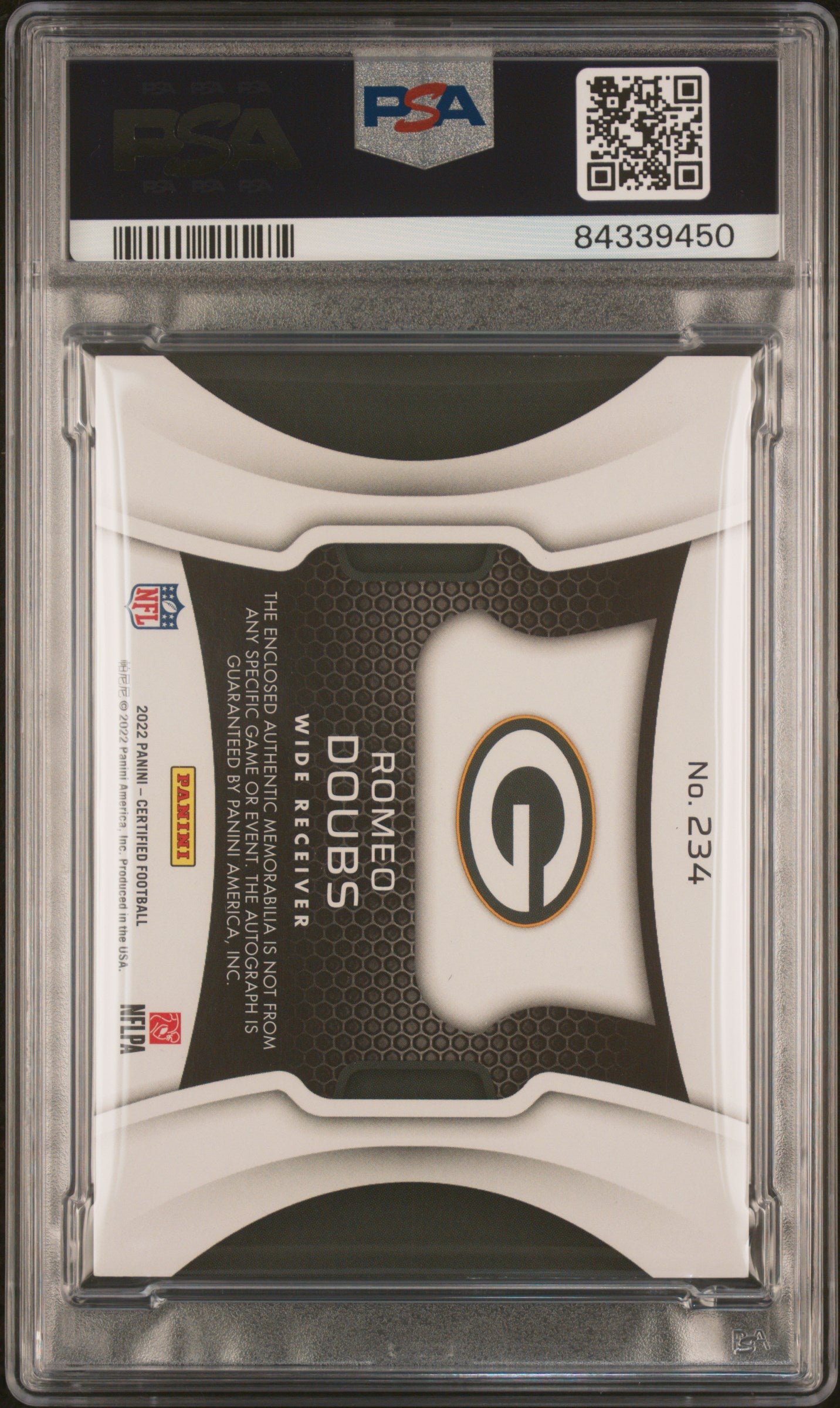 2022 Panini Certified #234 Romeo Doubs 3/10 Mirror Purple Auto Jersey RC PSA 9