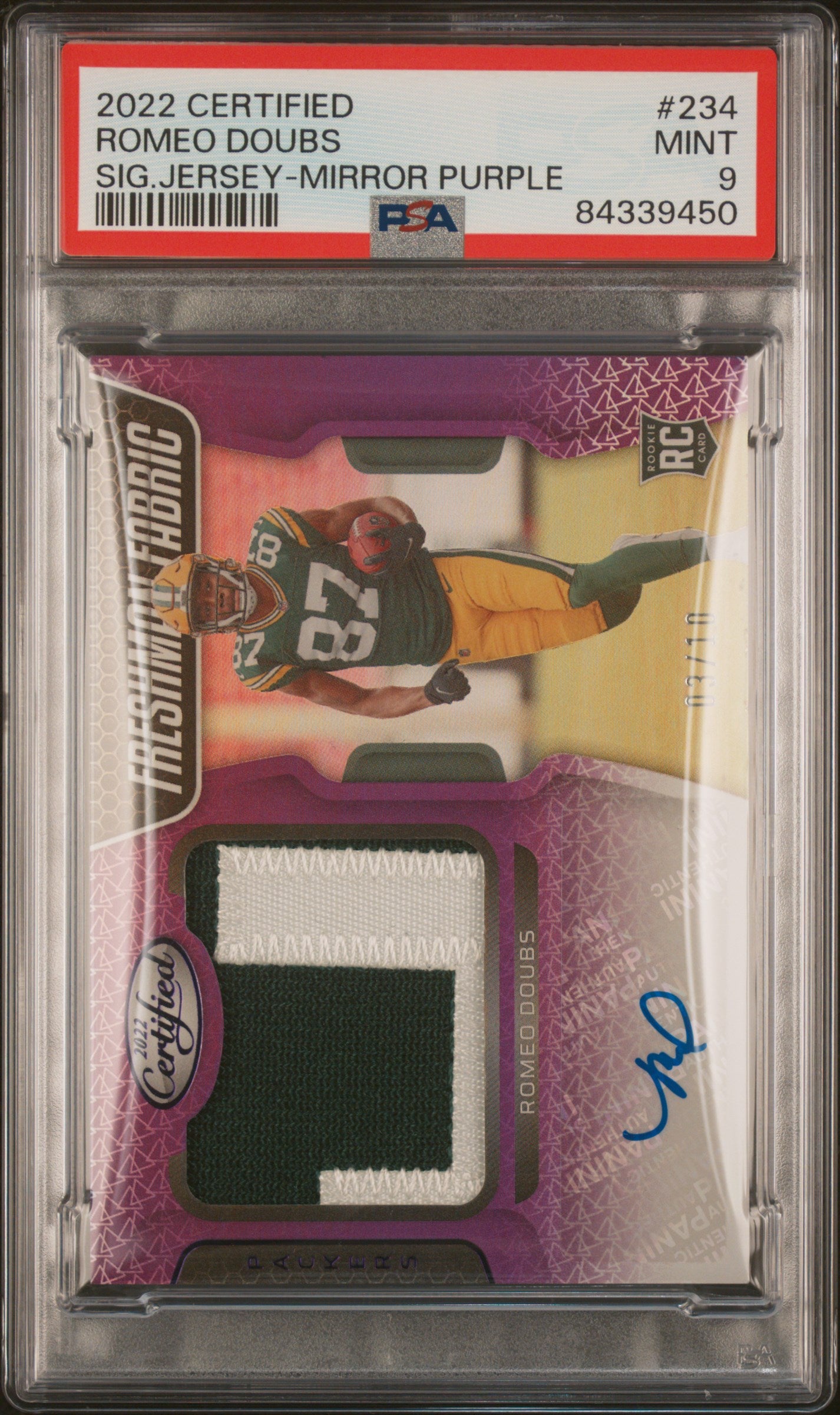 2022 Panini Certified #234 Romeo Doubs 3/10 Mirror Purple Auto Jersey RC PSA 9