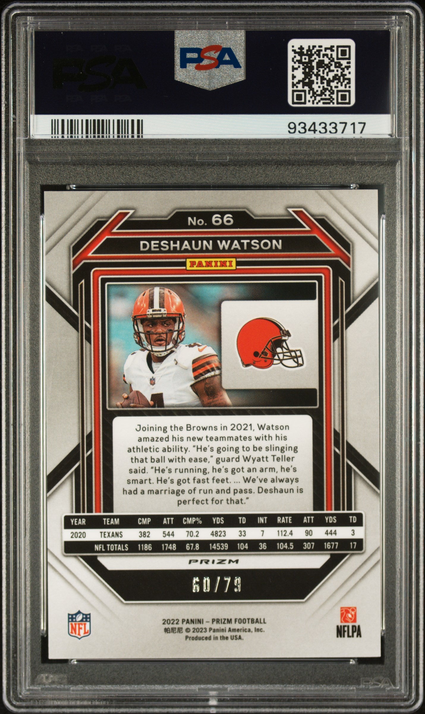 2022 Panini Prizm #66 Deshaun Watson No Huddle Blue PSA 10 #/79