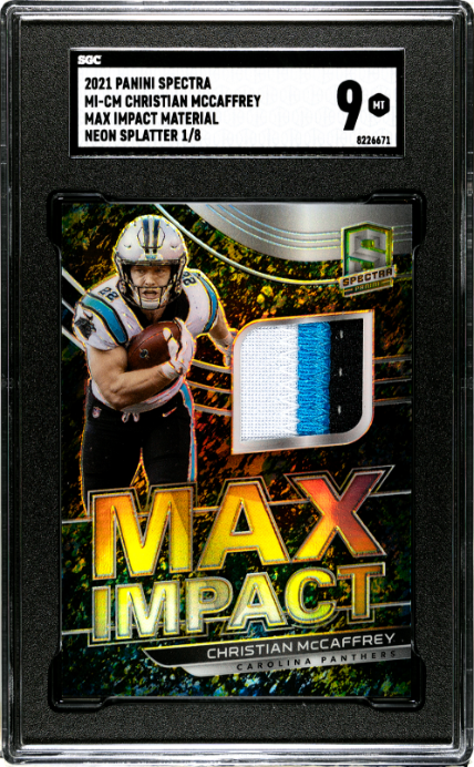 2021 Panini Spectra Christian McCaffrey Max Impact Neon Splatter SGC 9 #/8