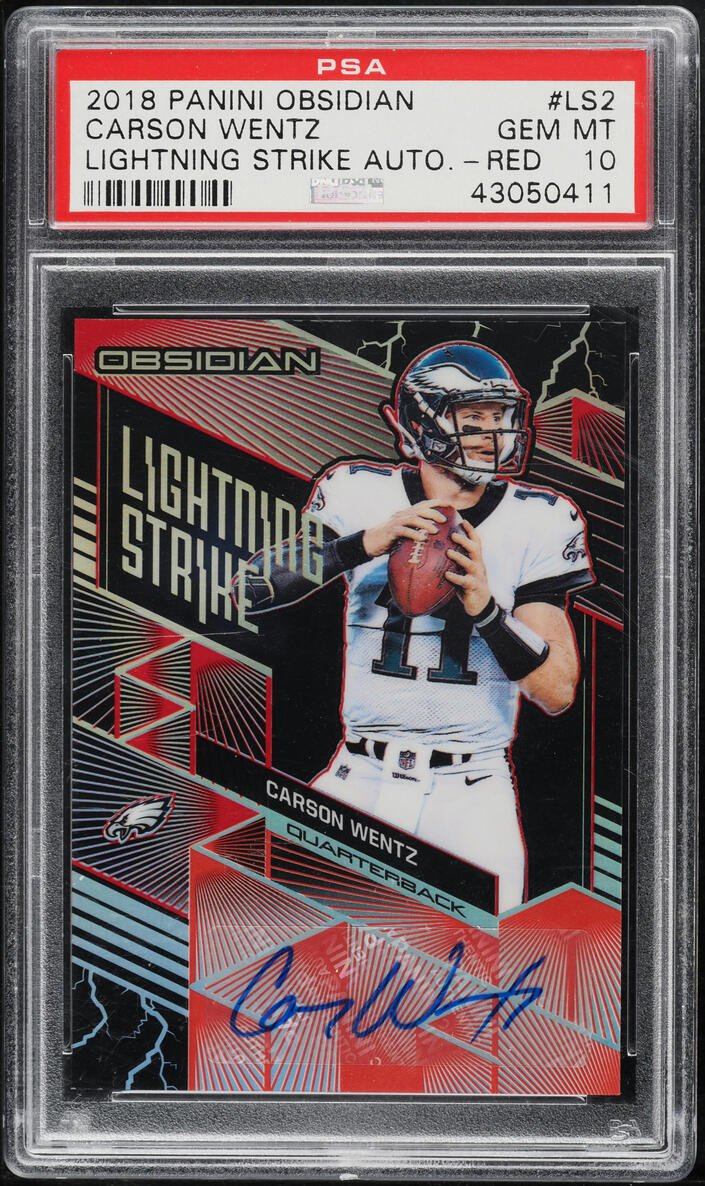 2018 Panini Obsidian #LS-2 Carson Wentz 1/2 Lightning Strike Auto Red PSA 10