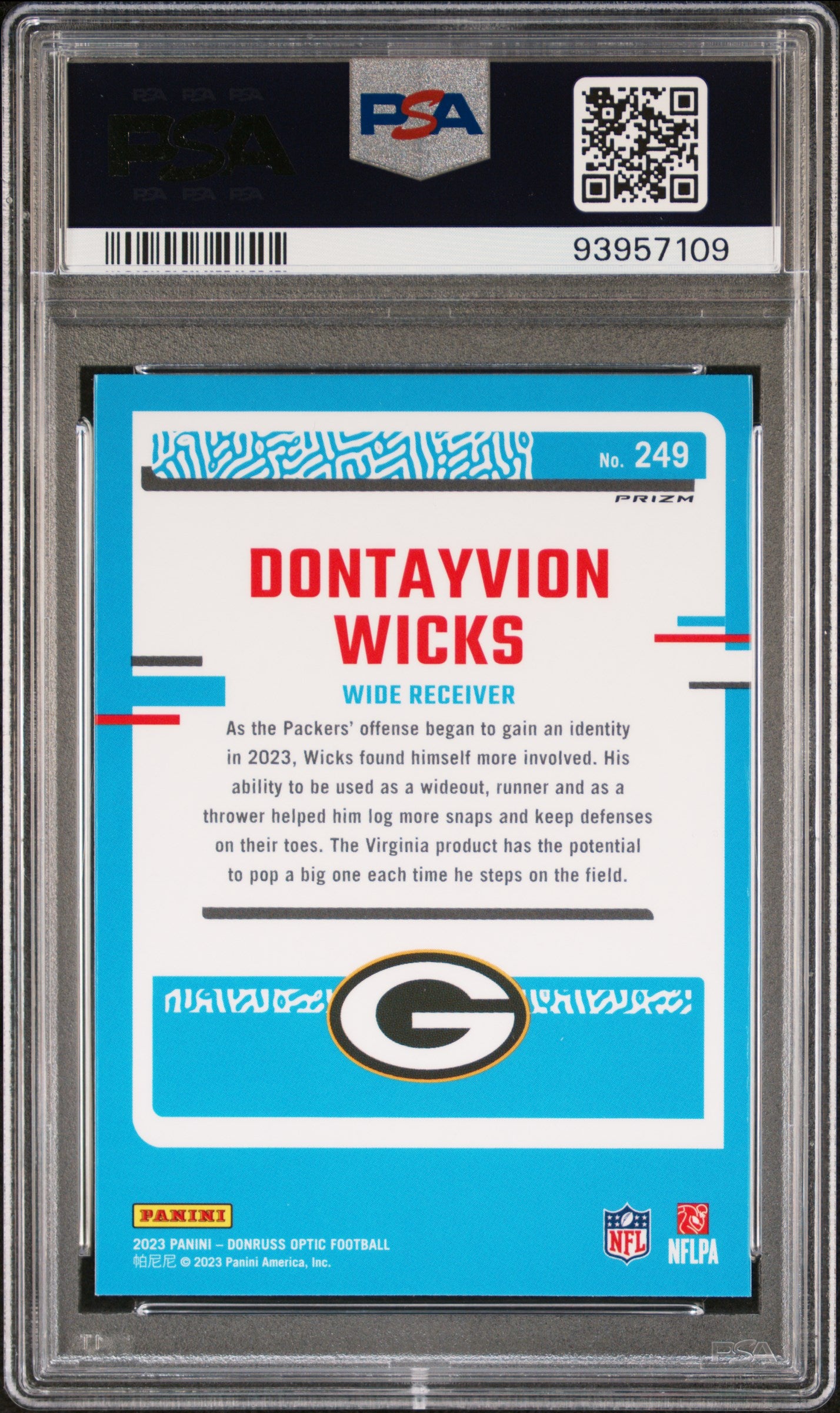 2023 Donruss Optic #249 Dontayvion Wicks Pink PSA 10 RC