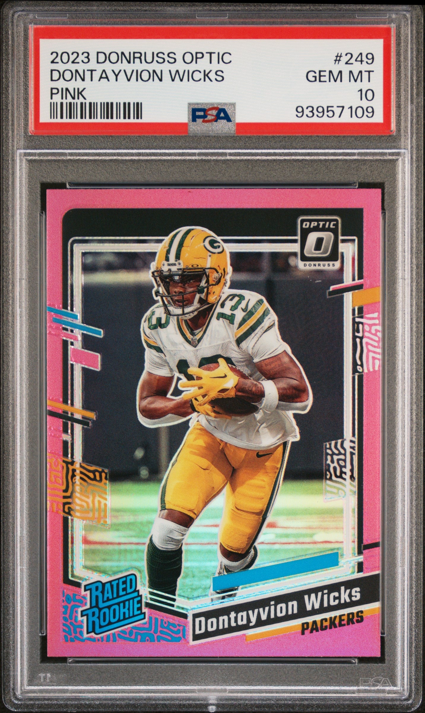 2023 Donruss Optic #249 Dontayvion Wicks Pink PSA 10 RC