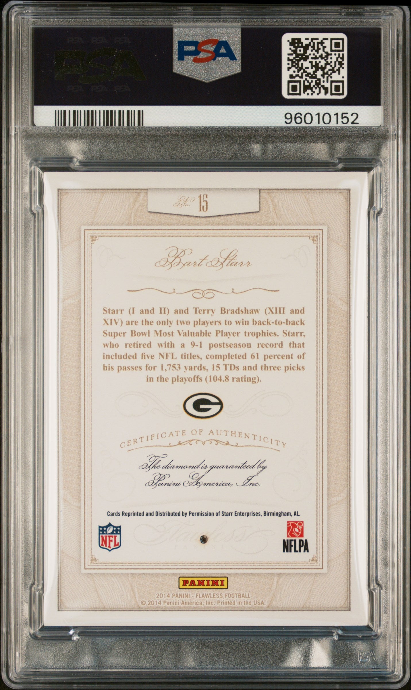 2014 Panini Flawless #15 Bart Starr GENUINE DIAMOND PSA 10 #/20 POP 2