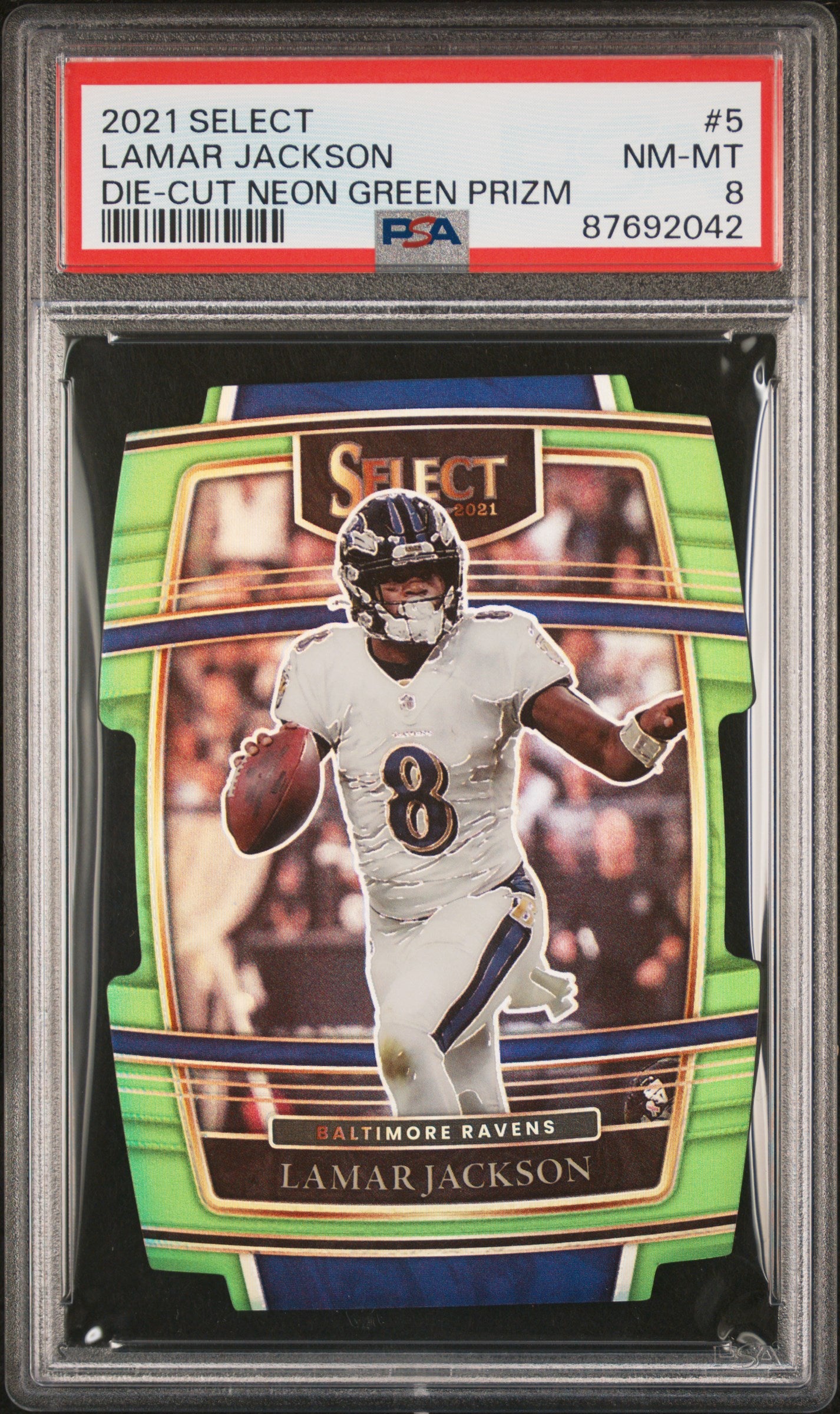 2021 Panini Select #5 Lamar Jackson 314/349 Neon Green Prizm Die Cut PSA 8