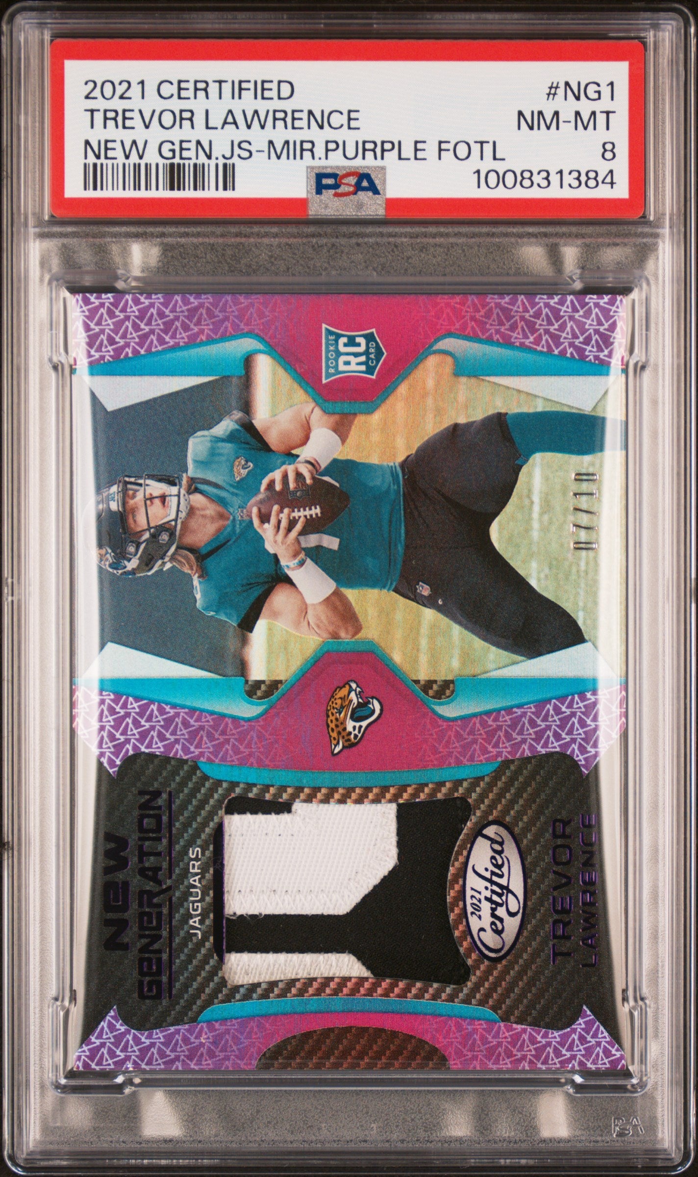 2021 Certified #NG-1 Trevor Lawrence 7/10 New Generation Jerseys Purple RC PSA 8