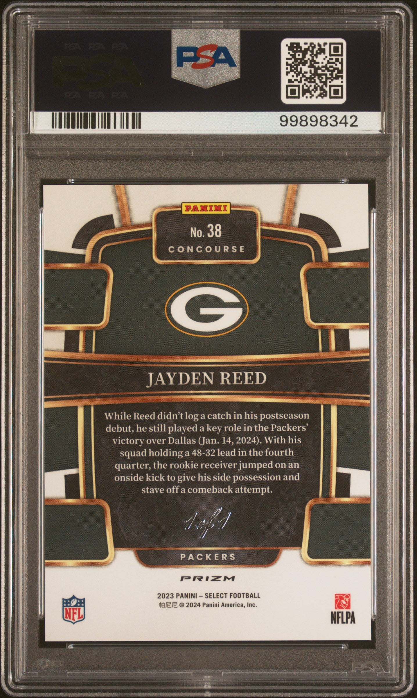 2023 Panini Select #38 Jayden Reed 1/1 Black Prizm PSA 9 RC Packers