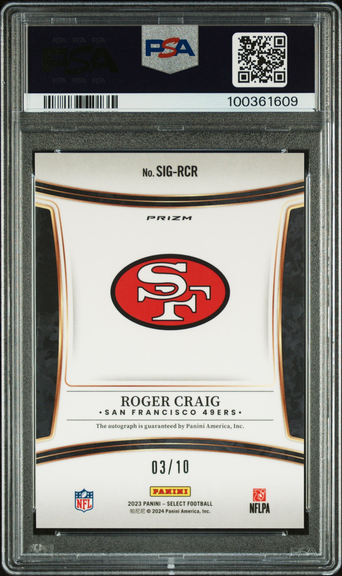 2023 Panini Select #SIG-RCR Roger Craig Auto Gold Prizm PSA 8 03/10 49ers