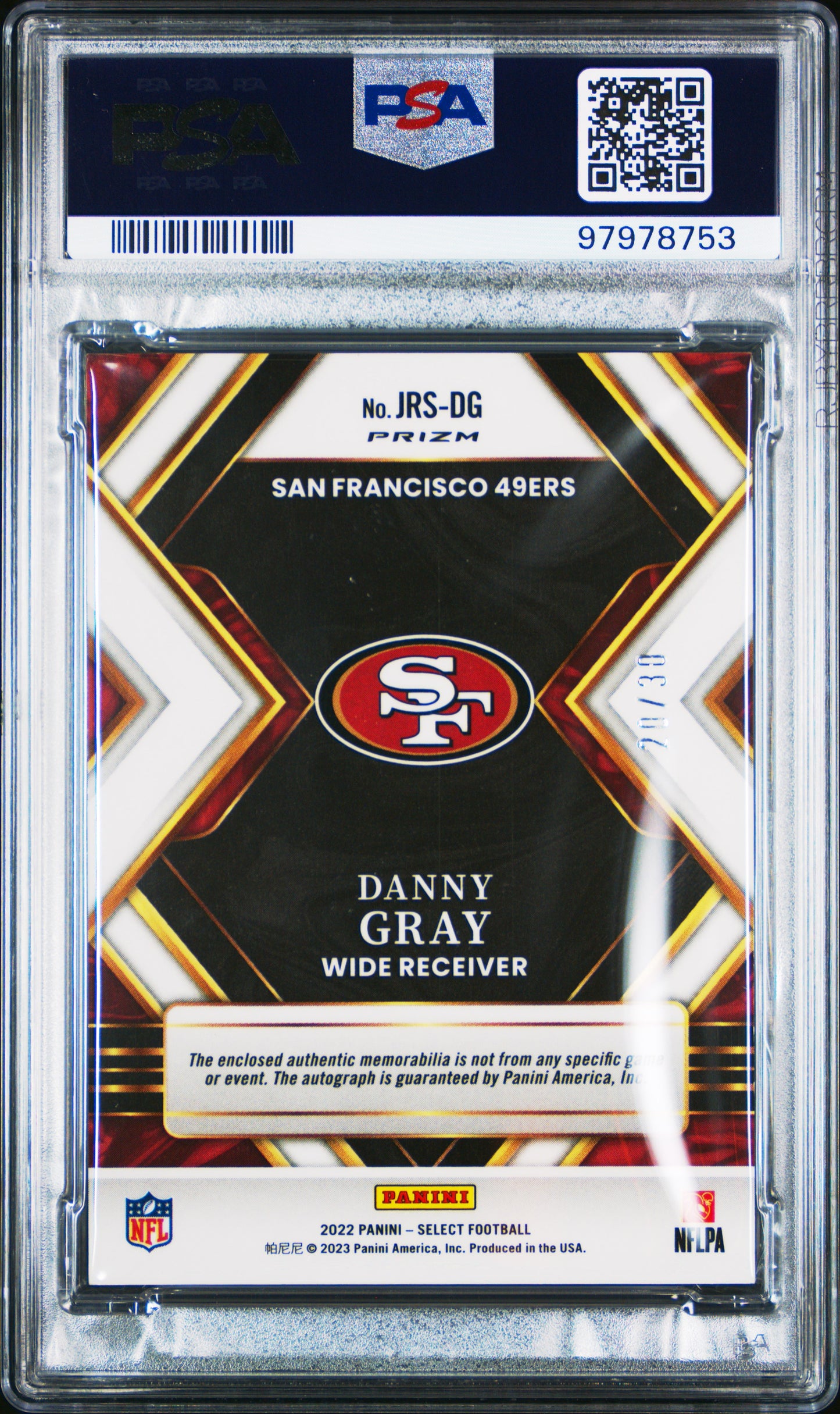 2022 Select Danny Gray Jumbo RC Auto Swatches Neon Orange Pulsar PSA 8 20/30