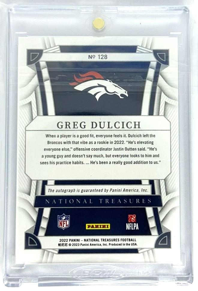 2022 Panini National Treasures #128 Greg Dulcich RC Auto Holo Gold 7/10