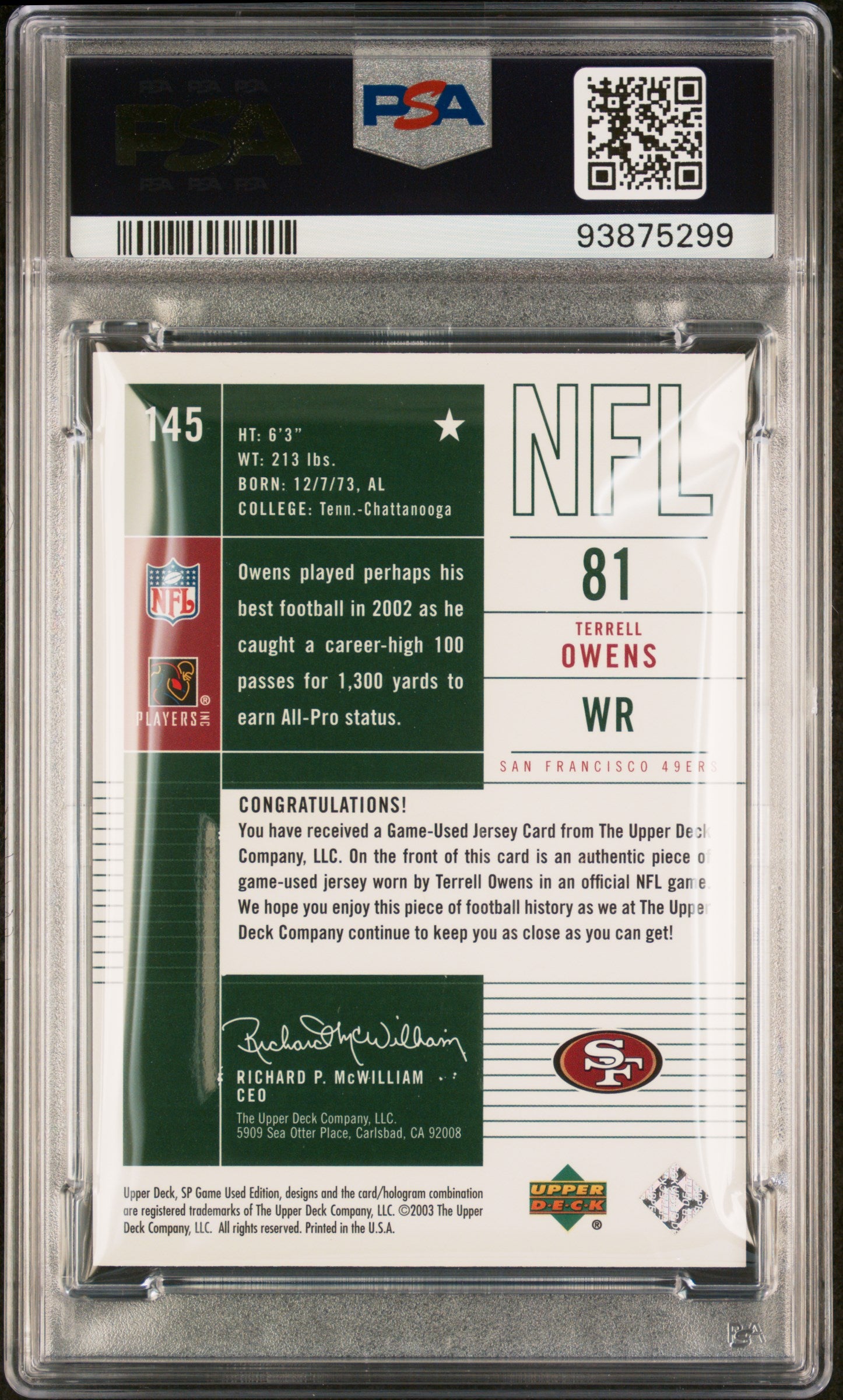 2003 Sp Game Used #145 Terrell Owens Jersey PSA 9 GAME USED 49ers