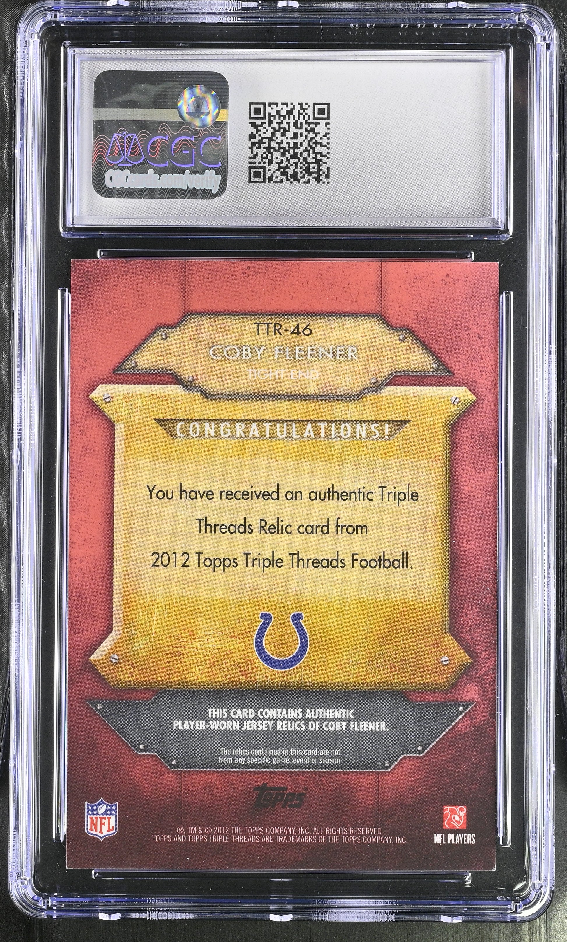 2012 Triple Threads #TTR-46 Coby Fleener Relics /36 CGC 9
