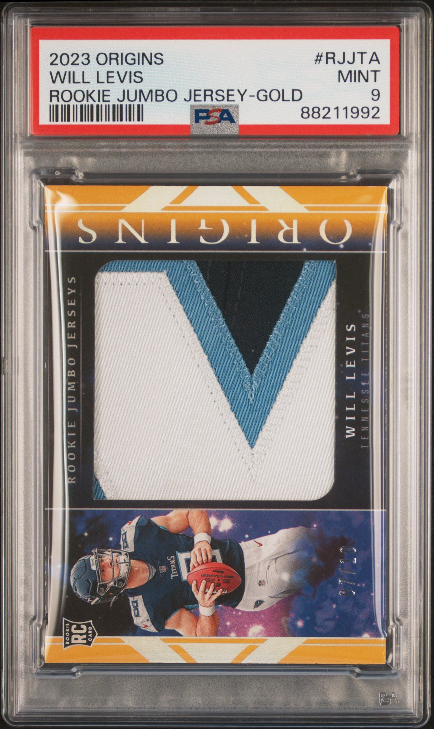 2023 Panini Origins Rookie Jumbo Jersey #RJJTA Will Levis 7/10 Gold PSA 9