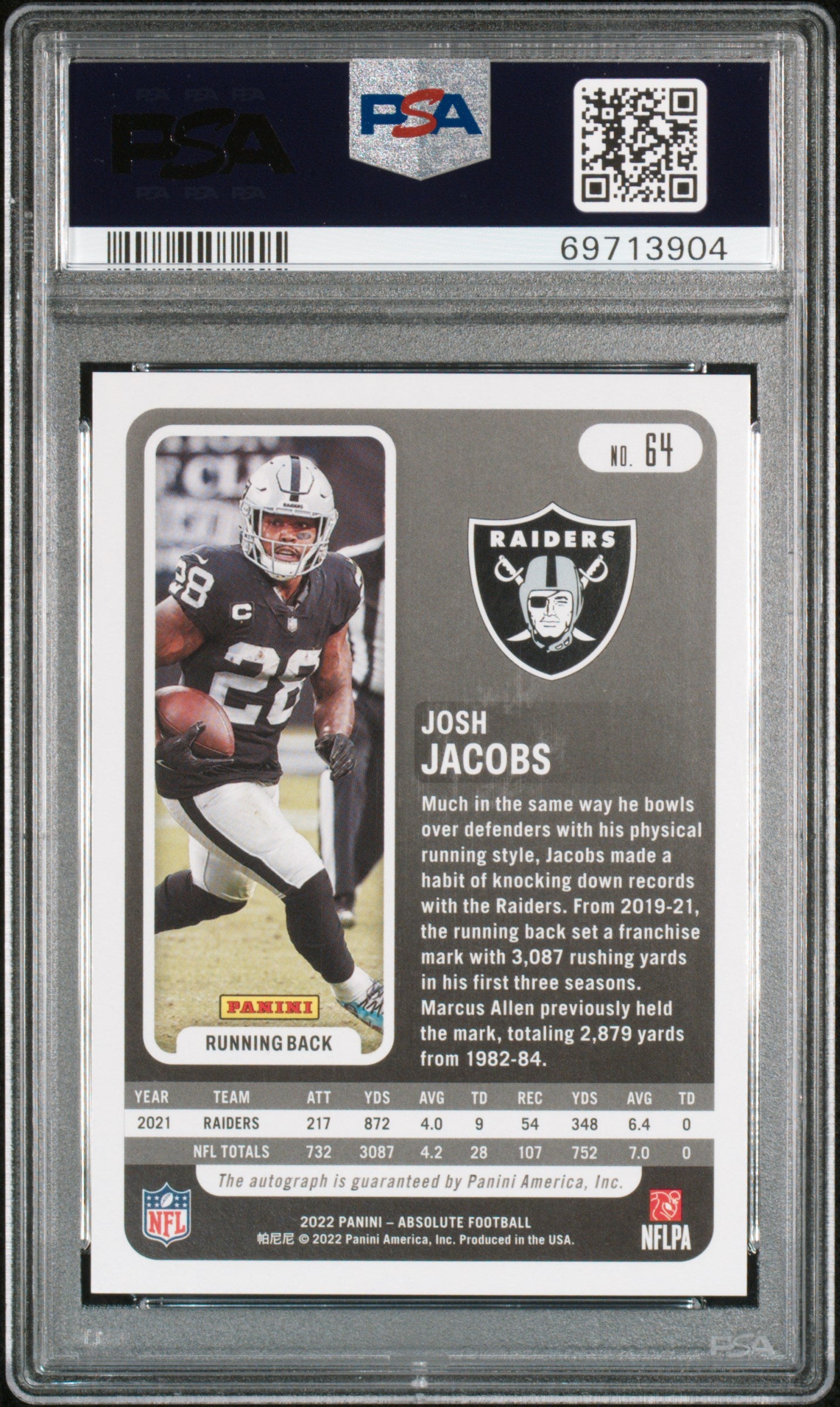 2022 Panini Absolute #64 Josh Jacobs 05/10 Auto Gold Stars PSA 10 Raiders