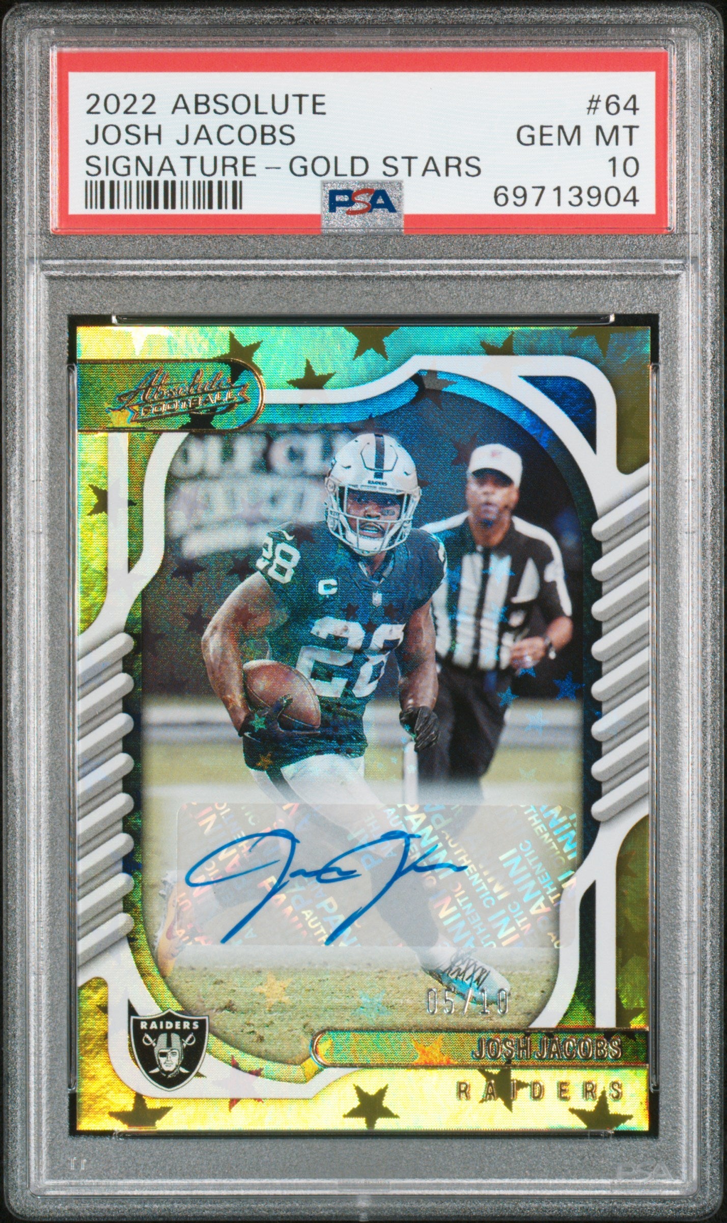 2022 Panini Absolute #64 Josh Jacobs 05/10 Auto Gold Stars PSA 10 Raiders