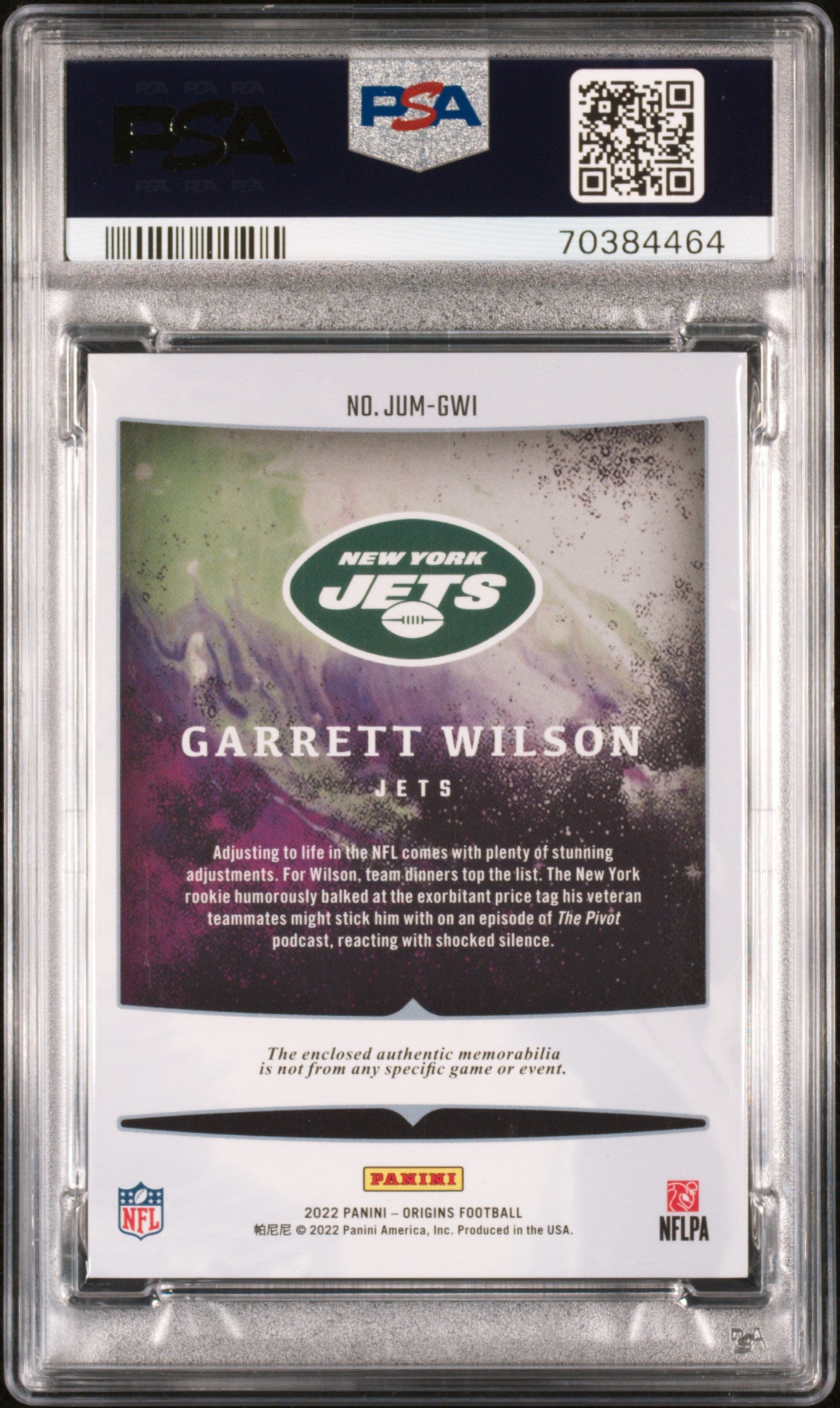 2022 Origins #JUM-GWI Garrett Wilson Rookie Jumbo Jerseys Orange PSA 8 #/49
