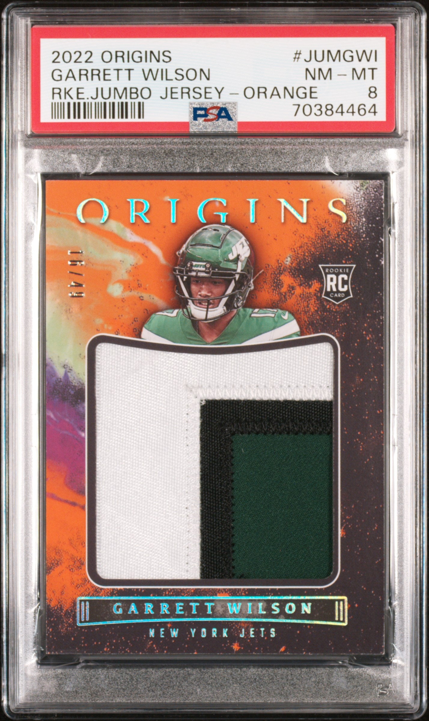 2022 Origins #JUM-GWI Garrett Wilson Rookie Jumbo Jerseys Orange PSA 8 #/49