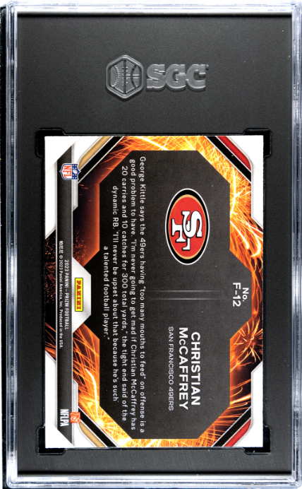 2023 Panini Prizm #F-12 Christian McCaffrey Fireworks SGC 10 49ers