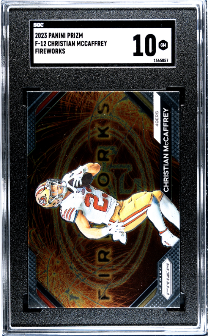 2023 Panini Prizm #F-12 Christian McCaffrey Fireworks SGC 10 49ers