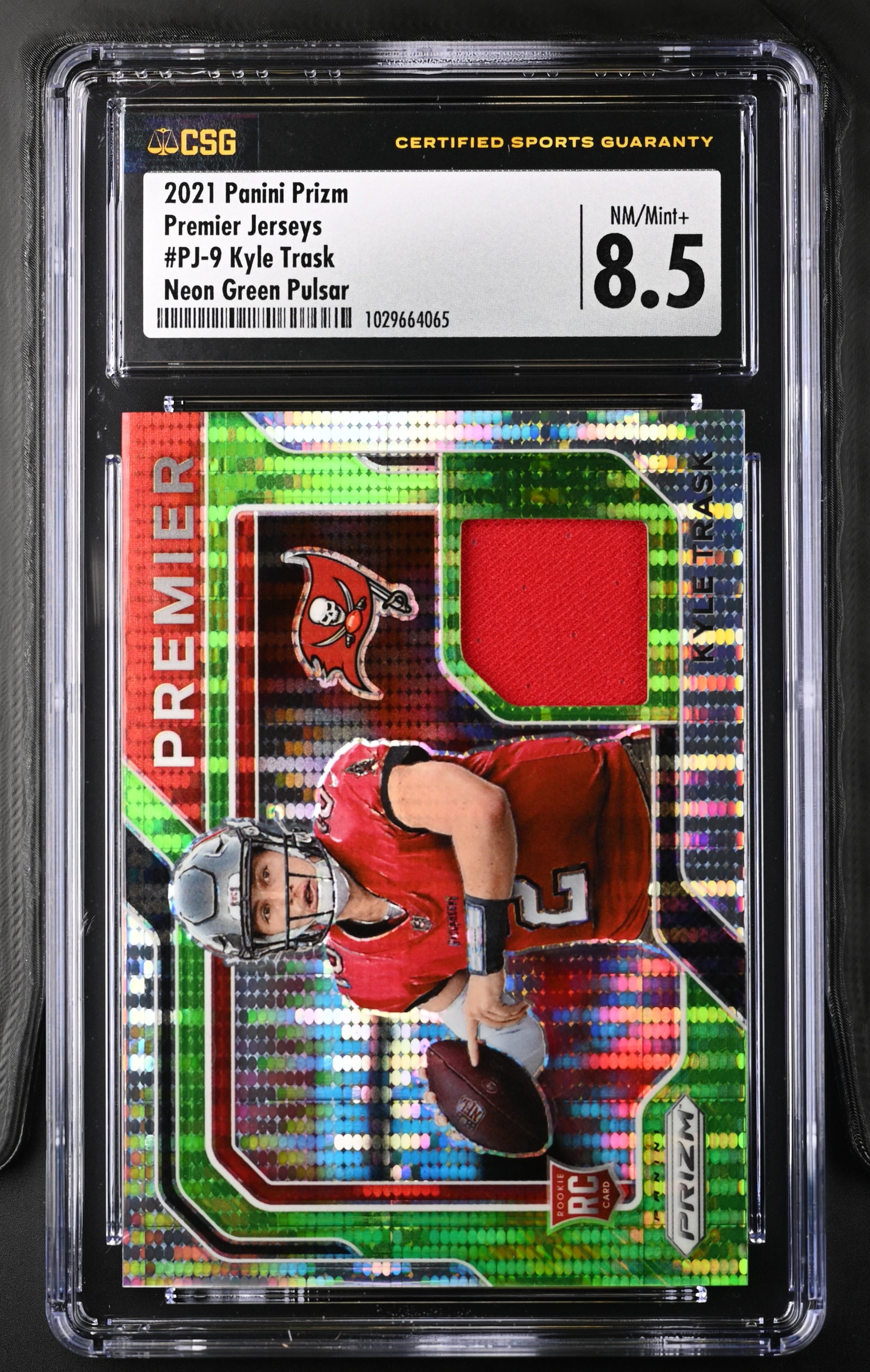 2021 Panini Prizm #PJ-9 Kyle Trask Premier Jerseys Neon Green Pulsar CGC 8.5
