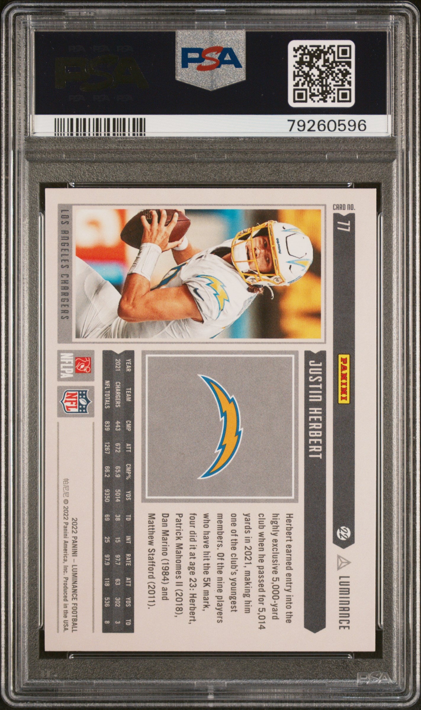 2022 Panini Luminance #77 Justin Herbert PSA 10