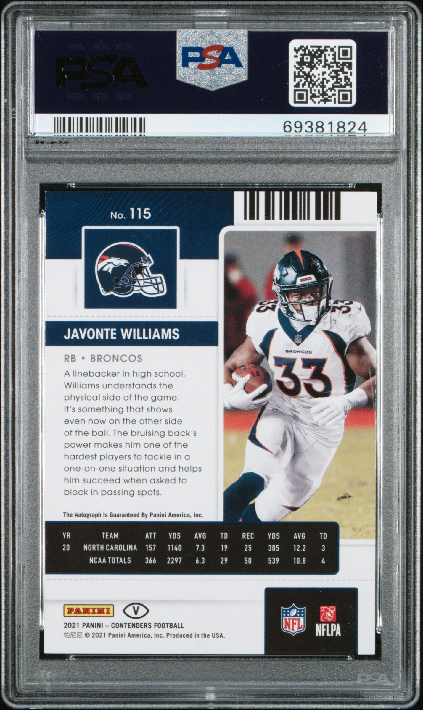 2021 Panini Contenders #115 Javonte Williams RC Ticket Variation Auto PSA 8