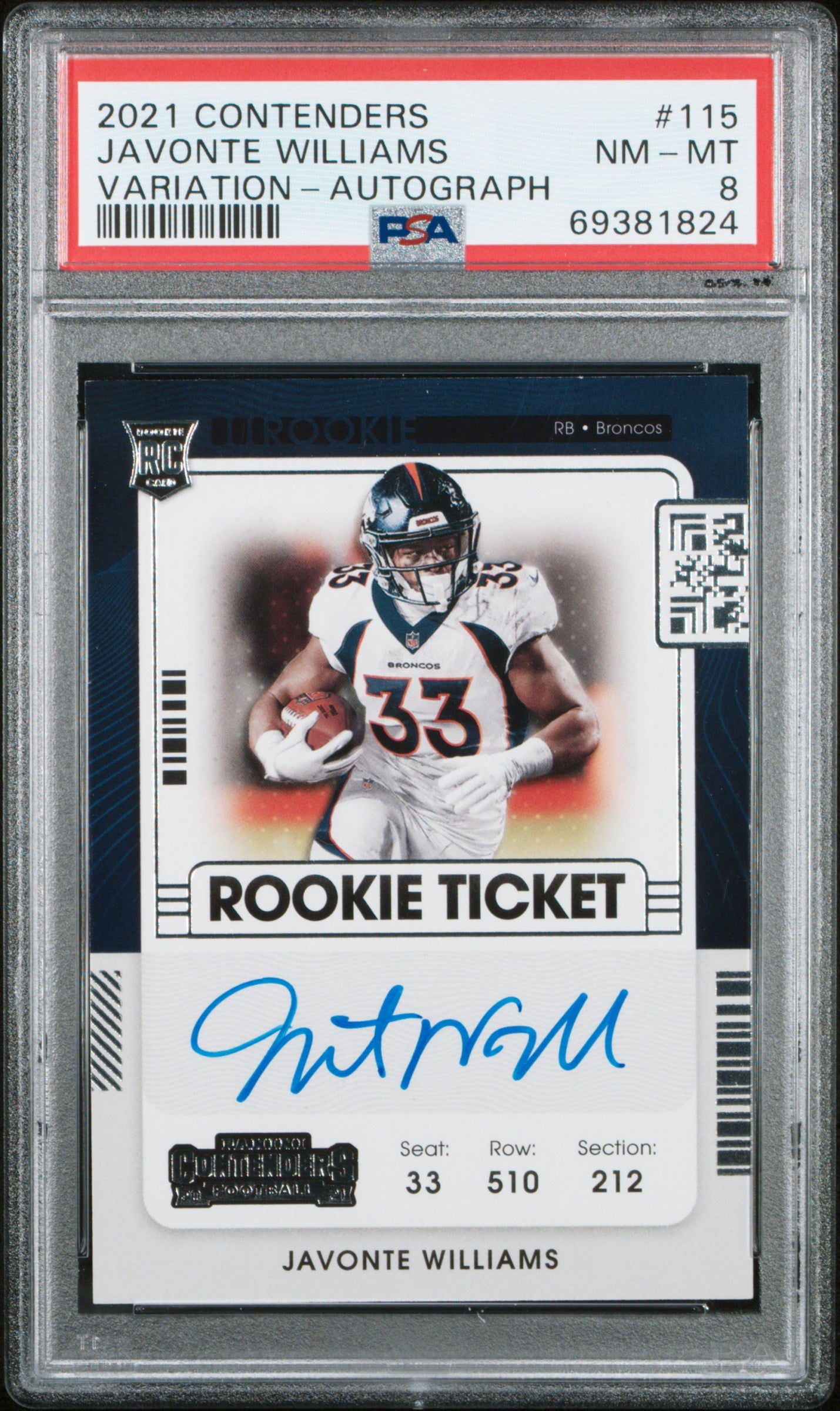 2021 Panini Contenders #115 Javonte Williams RC Ticket Variation Auto PSA 8