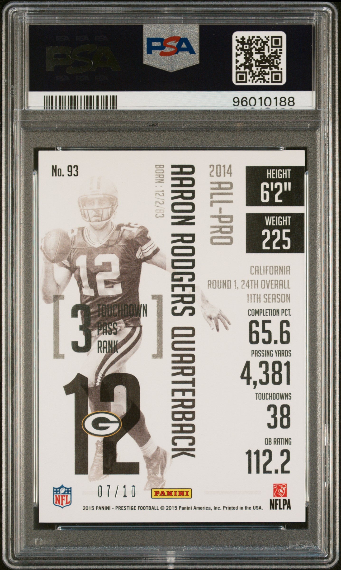 2015 Panini Prestige #93 Aaron Rodgers Extra Points Black PSA 9 #/10