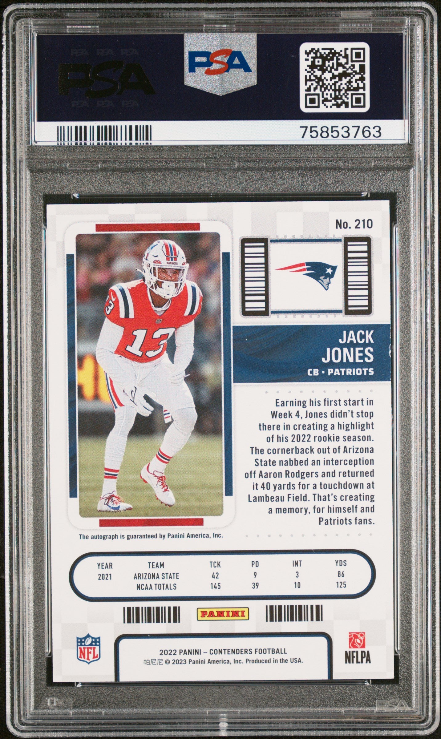 2022 Panini Contenders #210 Jack Jones RC AUTO PSA 9 Patriots