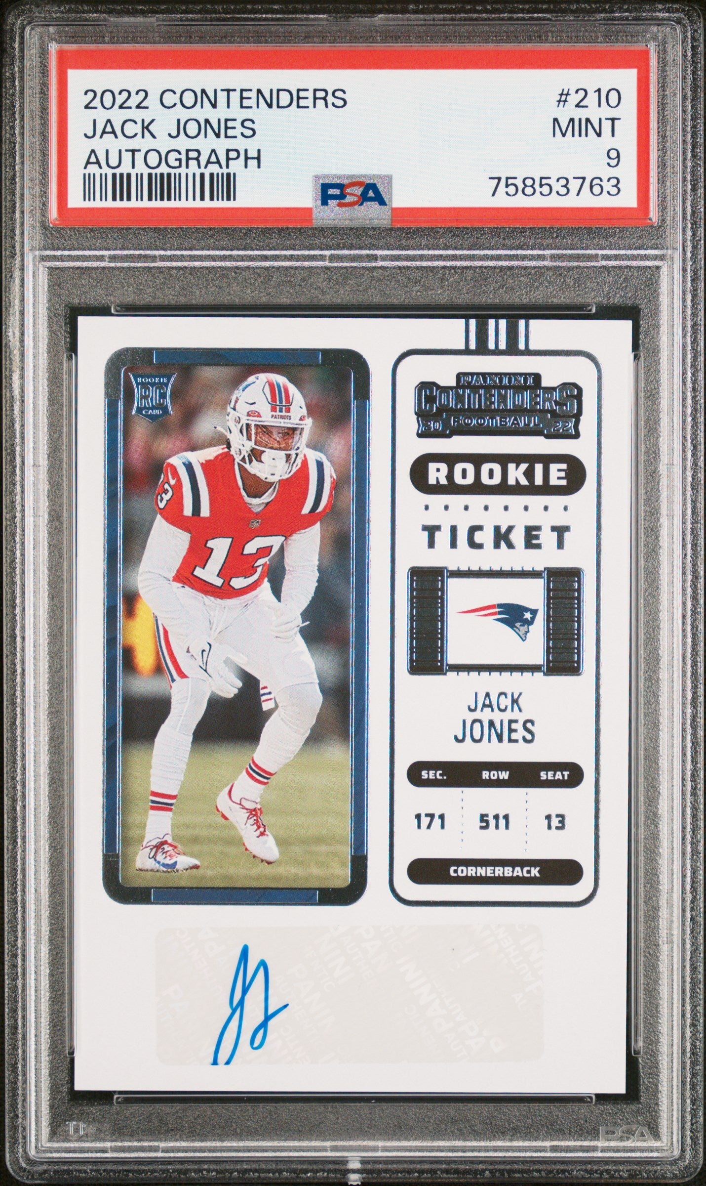 2022 Panini Contenders #210 Jack Jones RC AUTO PSA 9 Patriots