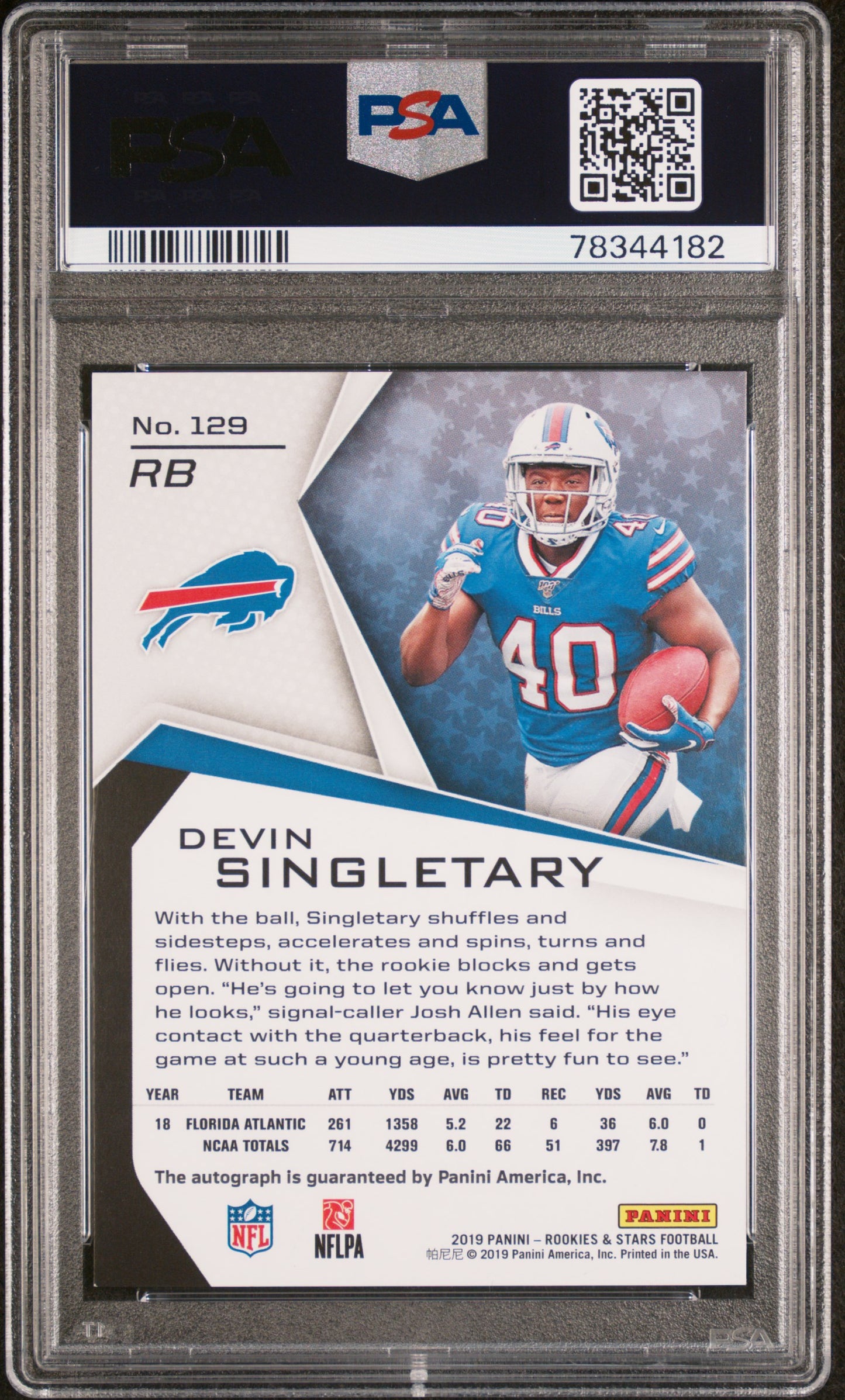 2019 RC & Stars #129 Devin Singletary RC 2/25 Longevity Auto Purple PSA 8.5