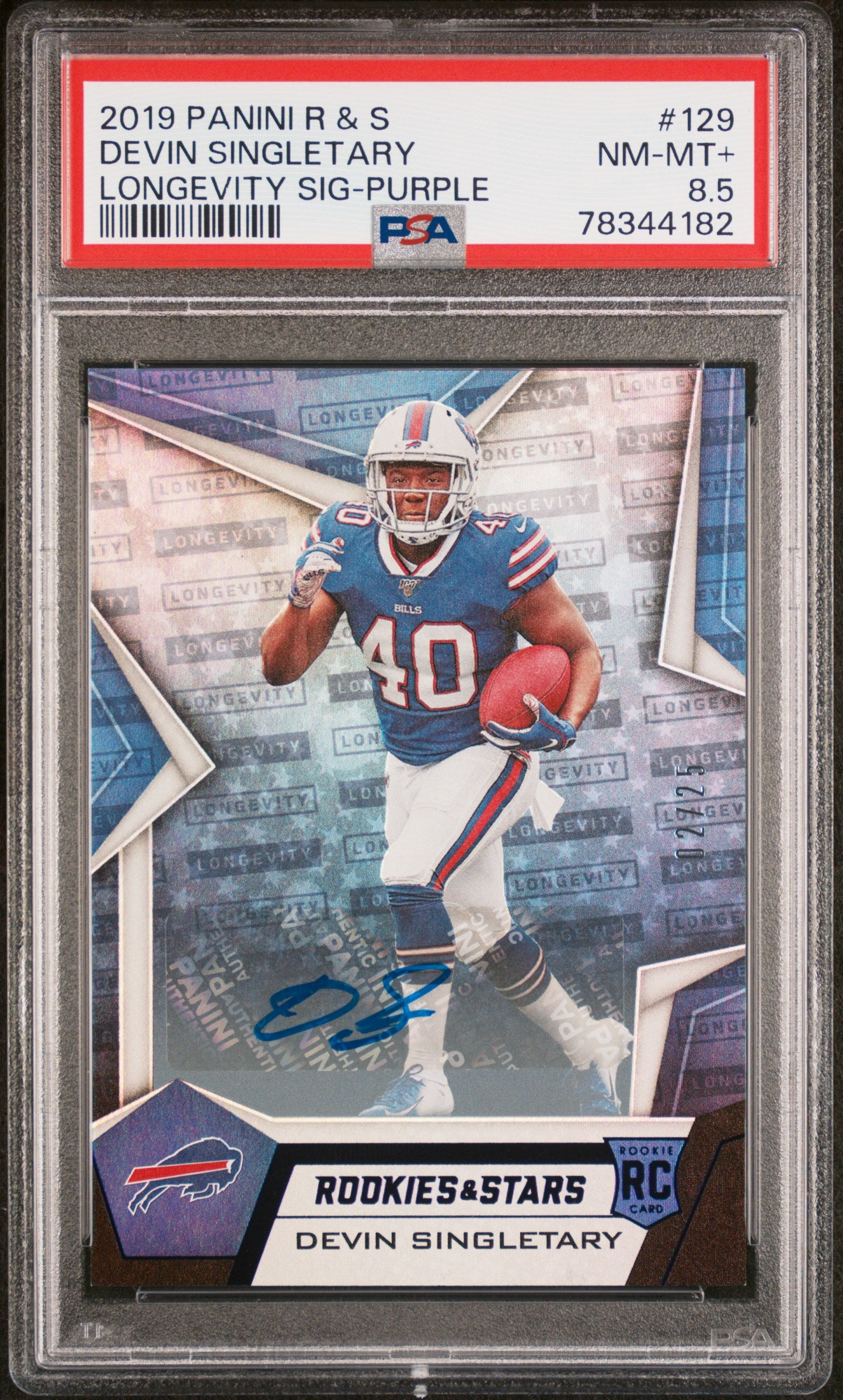 2019 RC & Stars #129 Devin Singletary RC 2/25 Longevity Auto Purple PSA 8.5