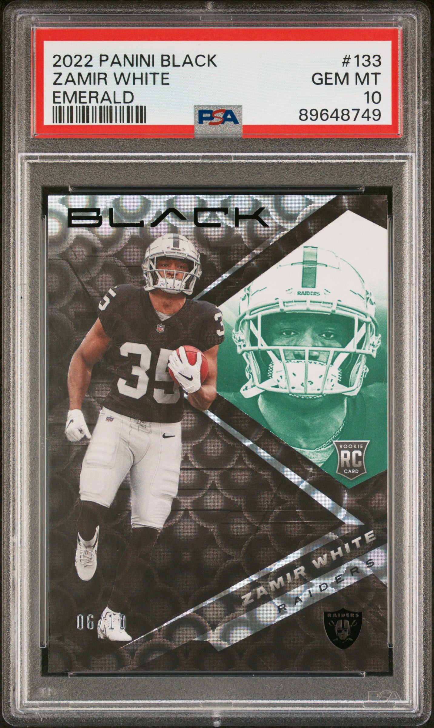 2022 Panini Black #133 Zamir White 6/10 RC Emerald PSA 10 Raiders