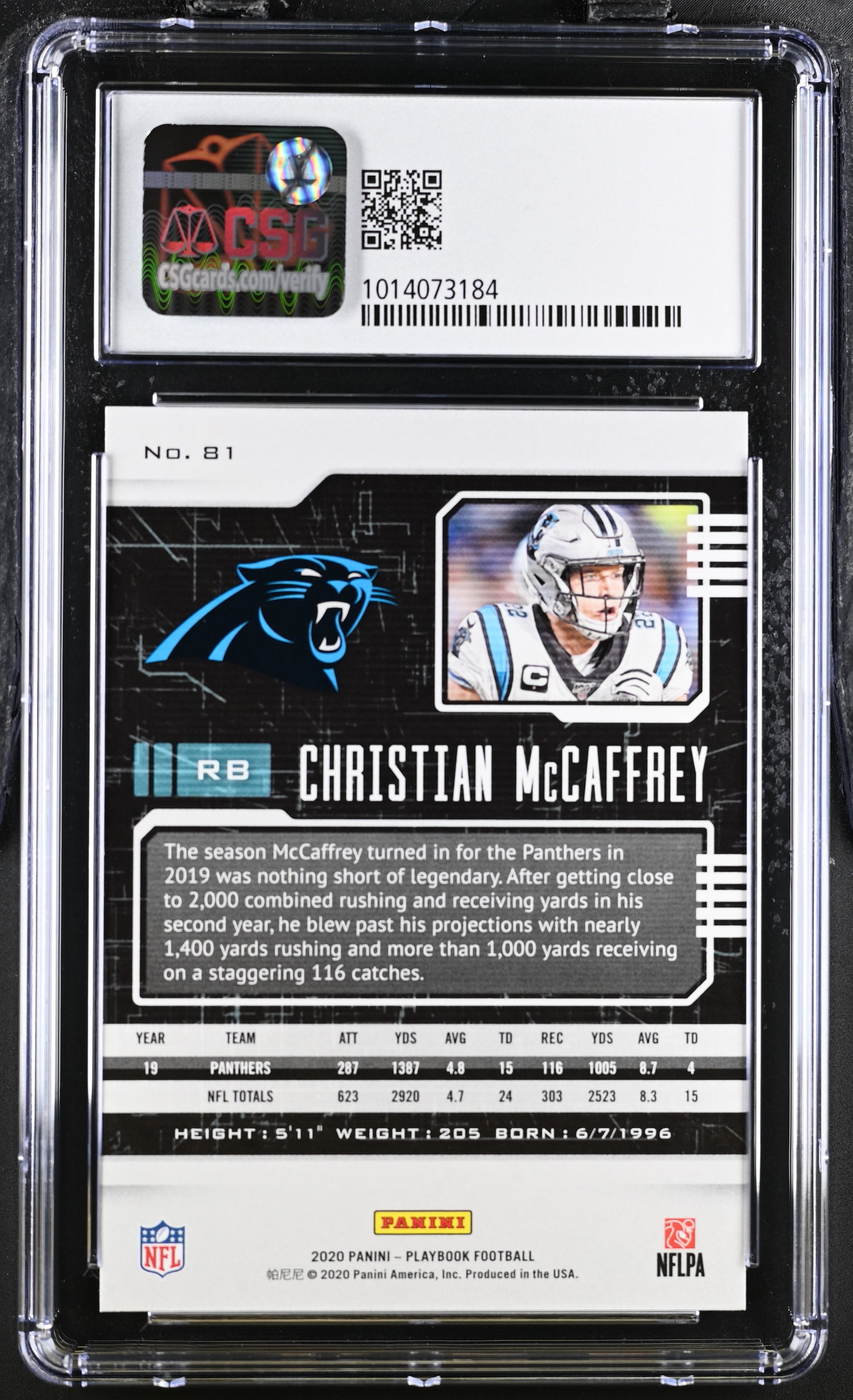 2020 Panini Playbook #81 Christian McCaffrey CGC 10 Panthers