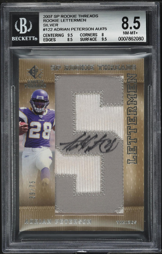 2007 SP RC Threads #122a Adrian Peterson /75 RC Lettermen Auto Silver BGS 8.5