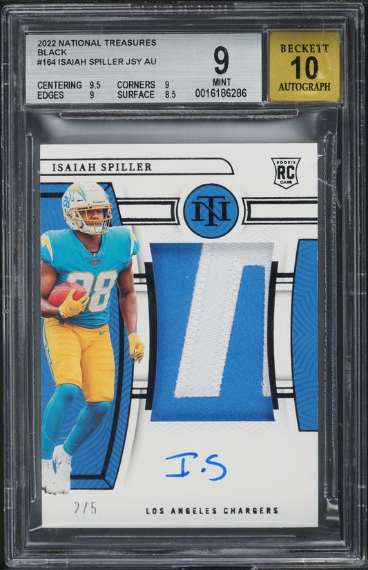 2022 Panini National Treasures #164 Isaiah Spiller 2/5 RC Patch Auto Black BGS 9