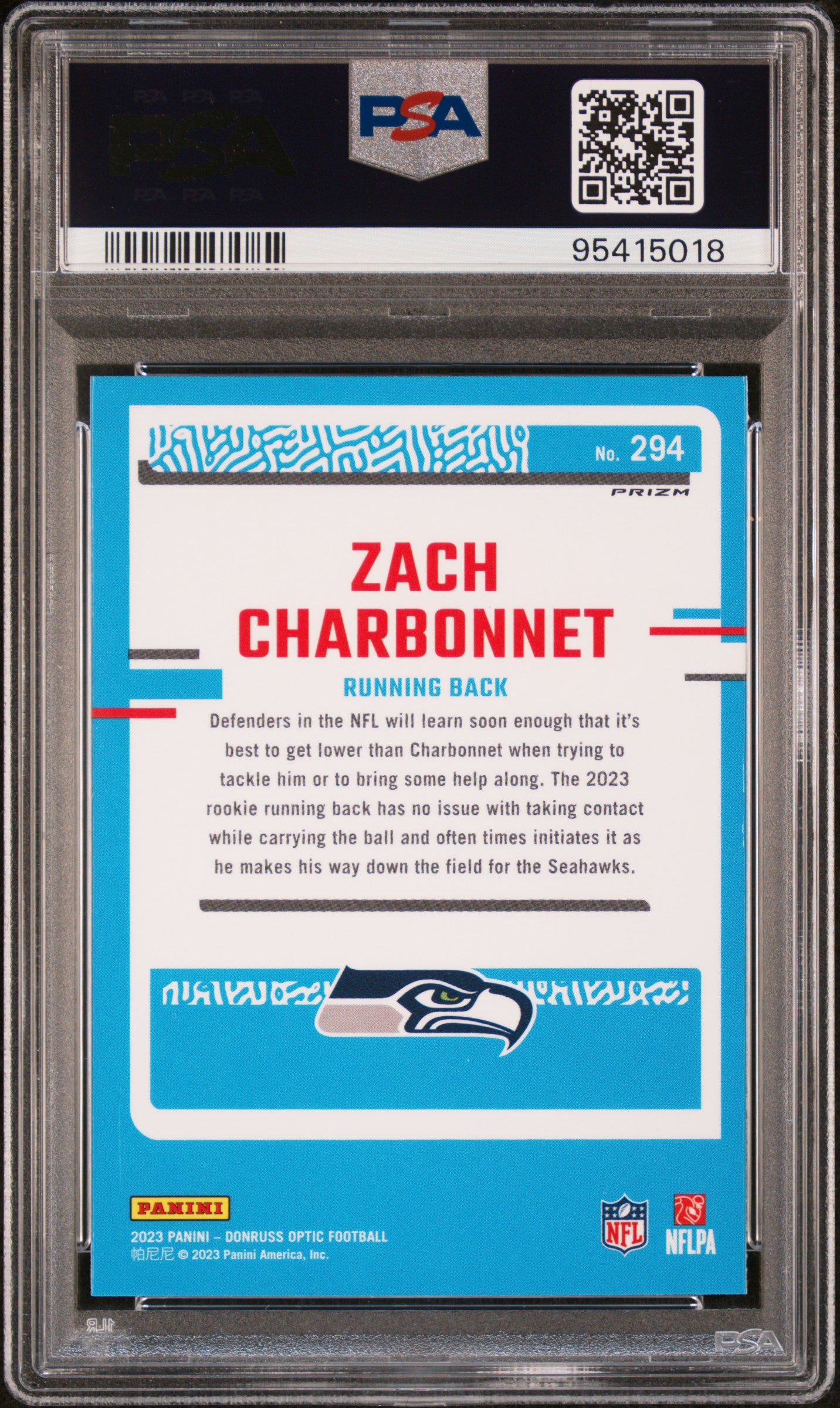 2023 Donruss Optic #294 Zach Charbonnet Purple Shock PSA 9 RC Rookie