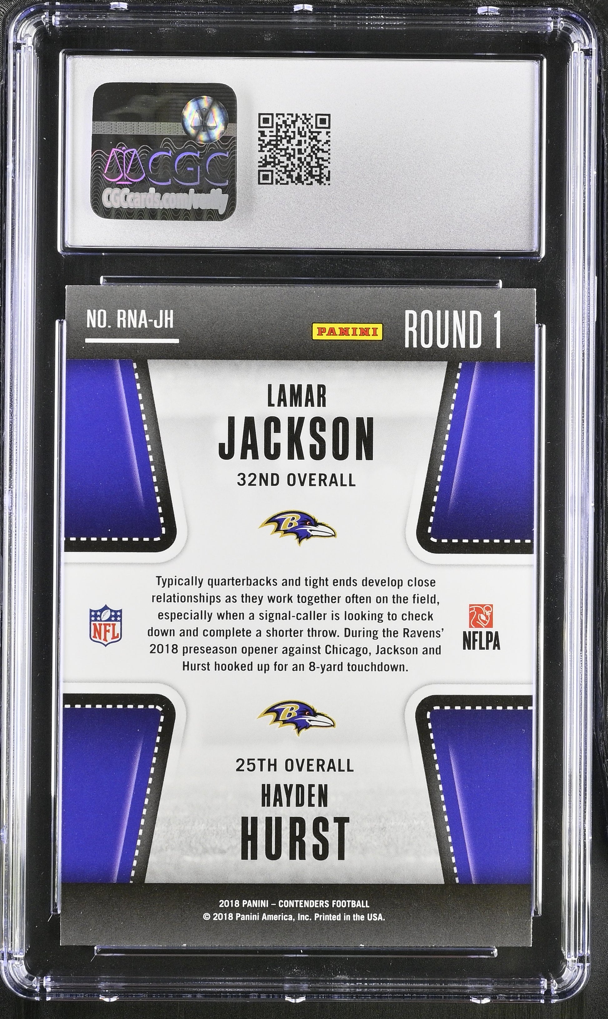 2018 Panini Contenders #RNA-JH Lamar Jackson / Hurst Round Numbers RC CGC 9