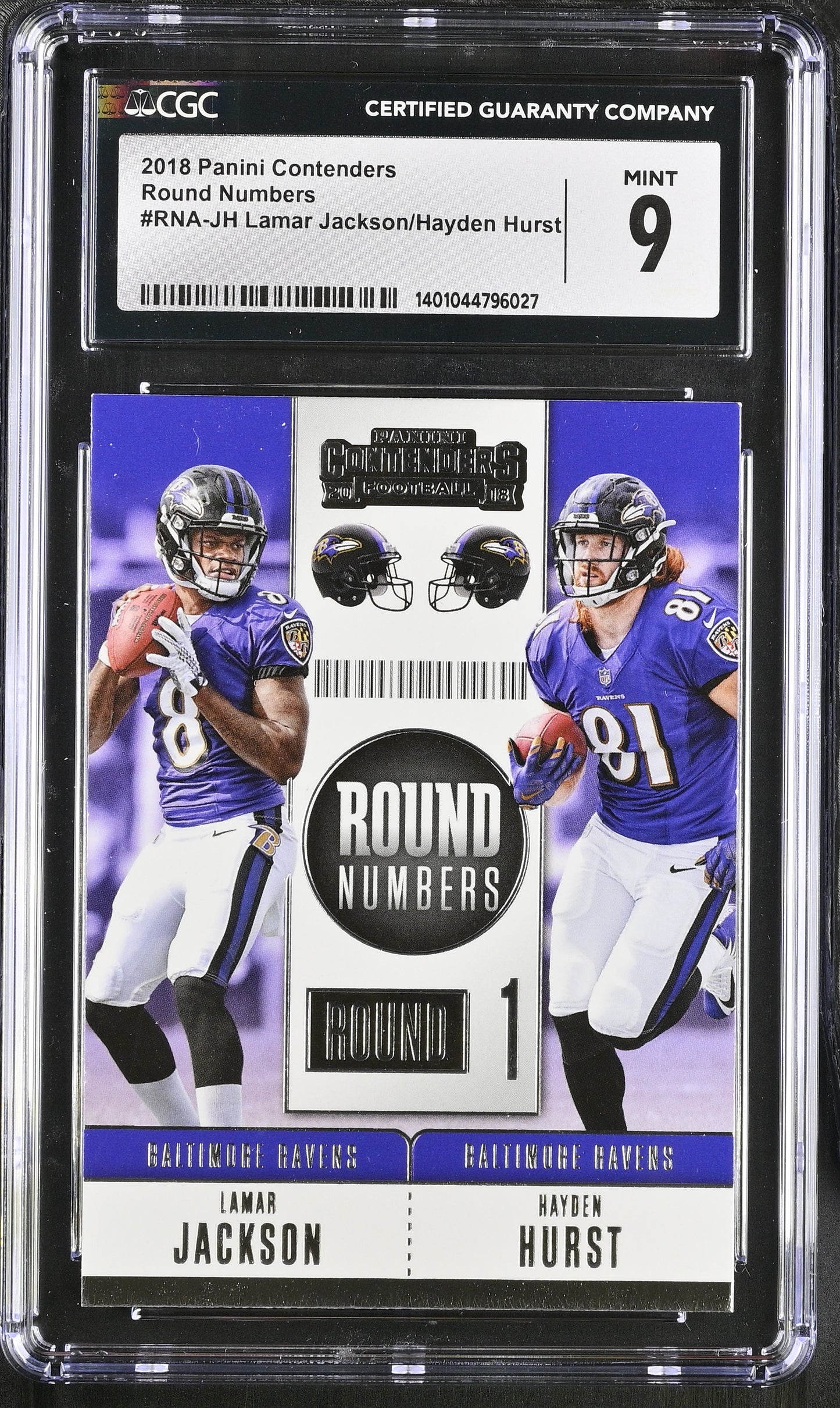 2018 Panini Contenders #RNA-JH Lamar Jackson / Hurst Round Numbers RC CGC 9