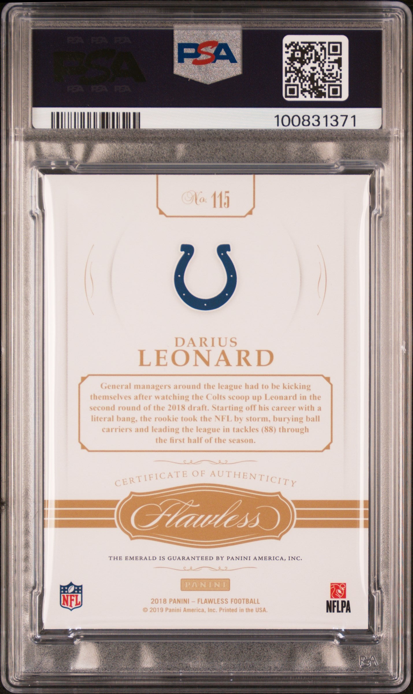 2018 Panini Flawless #115 Darius Leonard 4/5 Emerald PSA 9