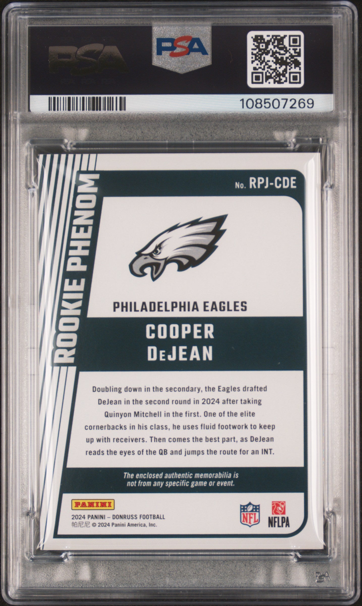 2024 Donruss #RPJ-CDE Cooper DeJean Rookie Phenom Jerseys PSA 9
