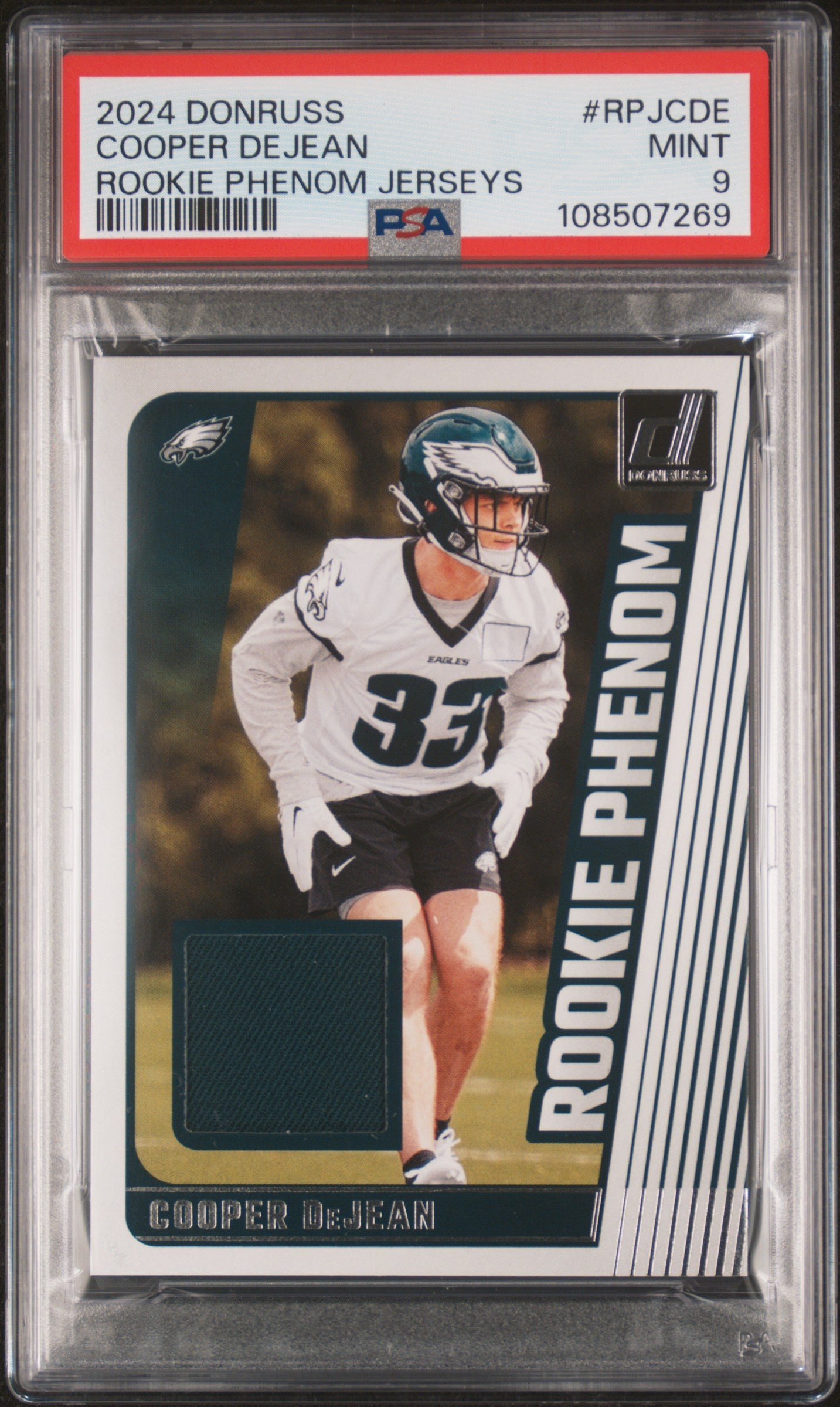 2024 Donruss #RPJ-CDE Cooper DeJean Rookie Phenom Jerseys PSA 9